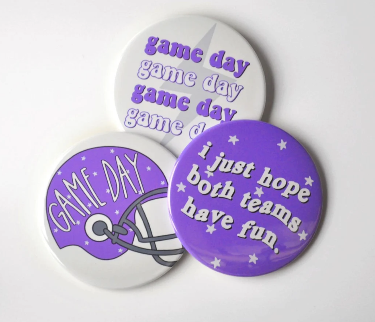 Purple Game Day Tailgate Buttons | Game Day Pins