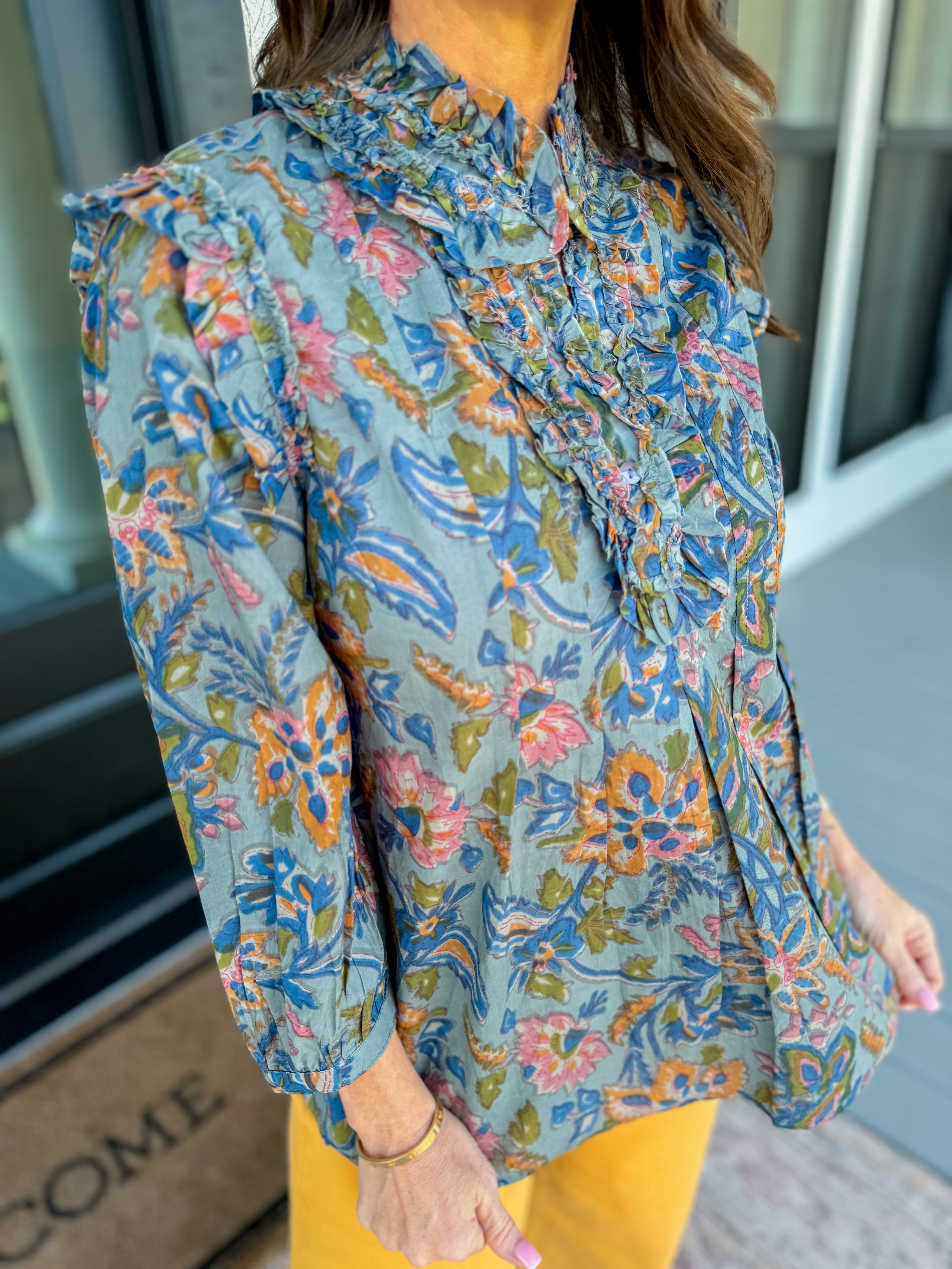 Ruffled Neck Top in Blue