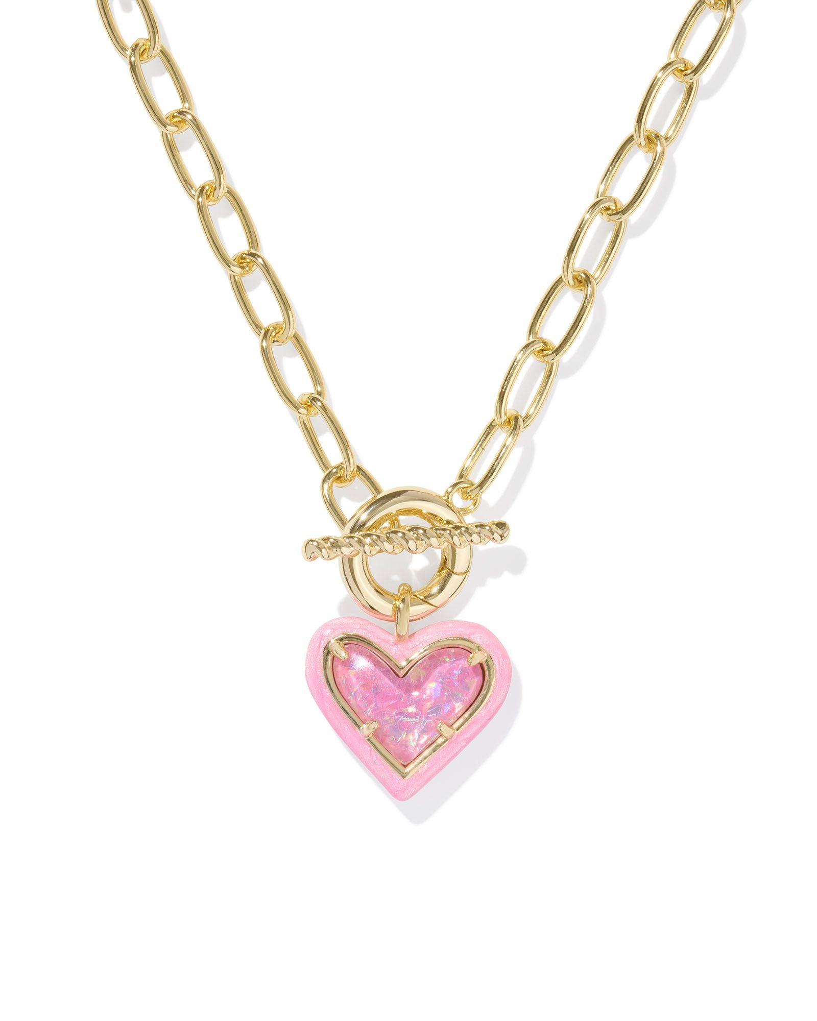 Ari Heart Enamel Frame Chain Necklace in Gold Pink Iridescent Glitter Glass