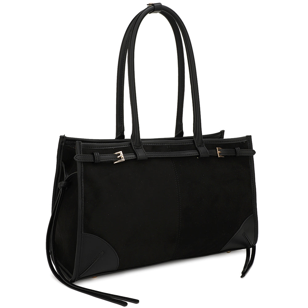 Suede Buckle Shoulder Bag in Black