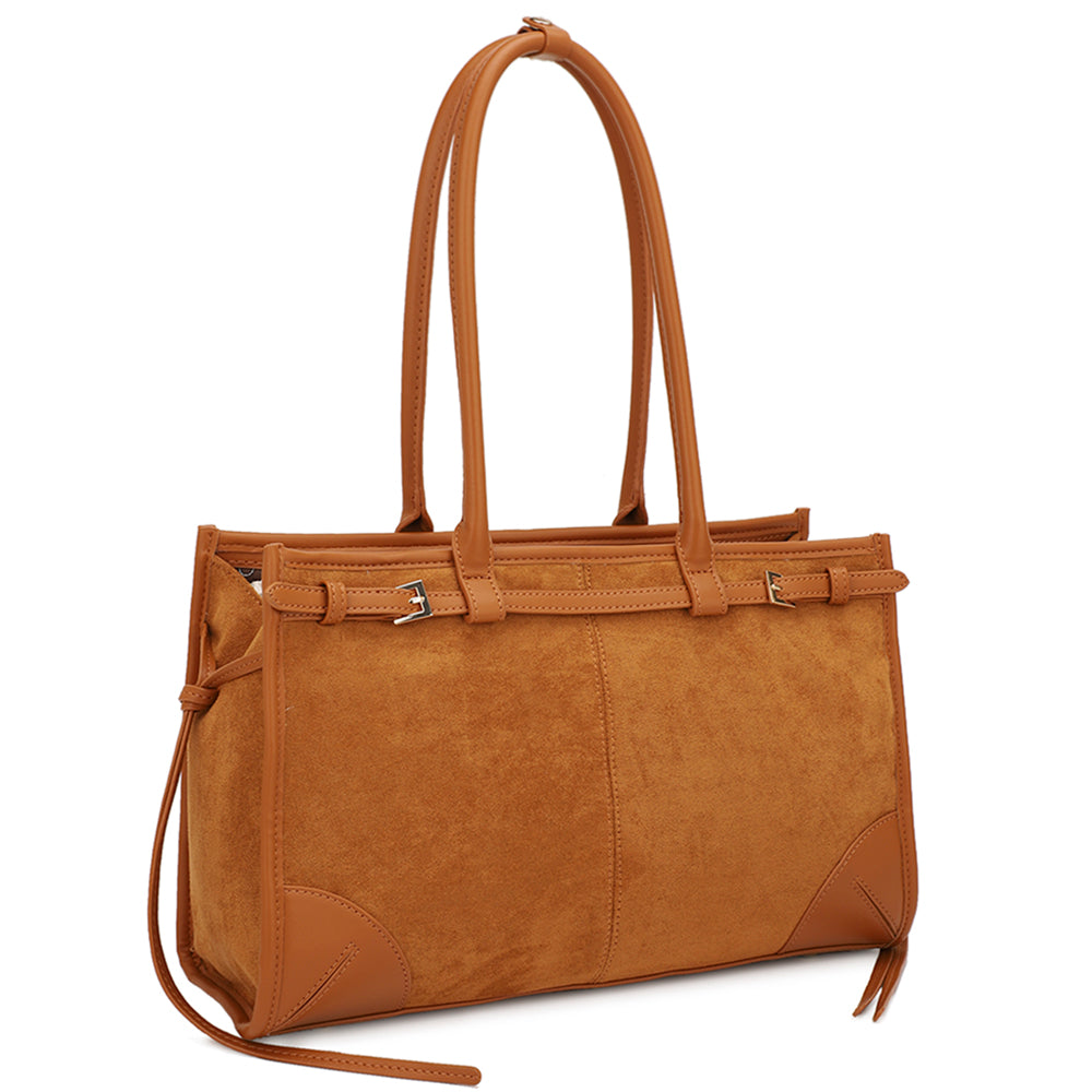 Suede Buckle Shoulder Bag in Brown