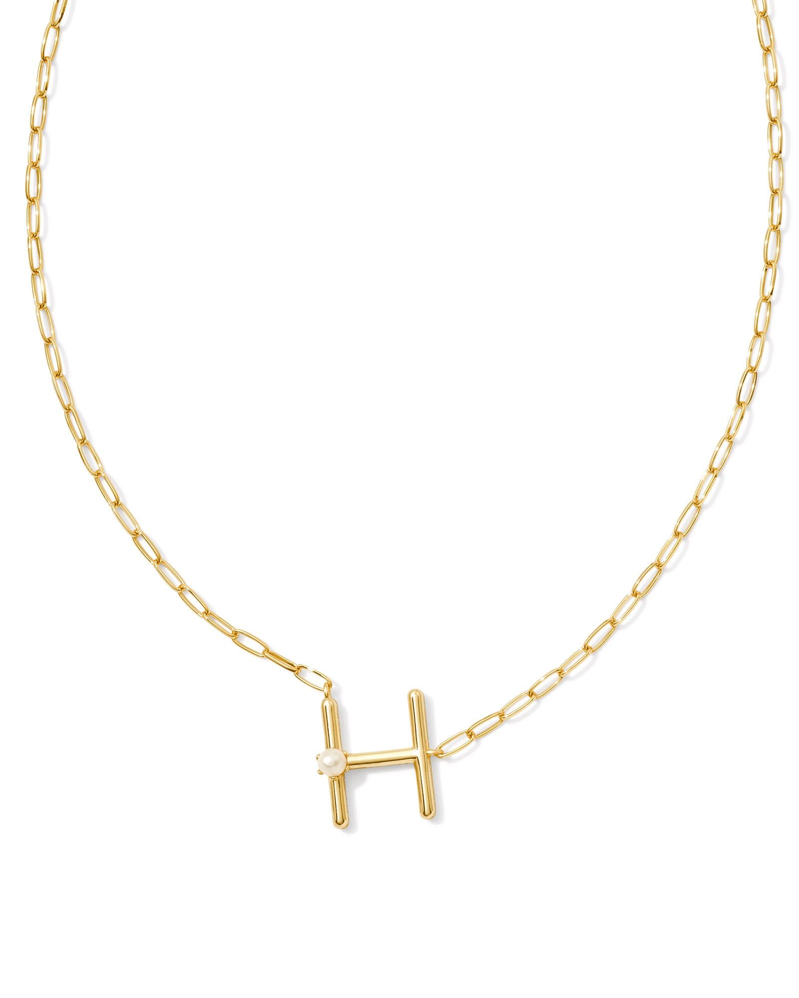 Pearl Letter H Pendant Necklace in Gold White Pearl