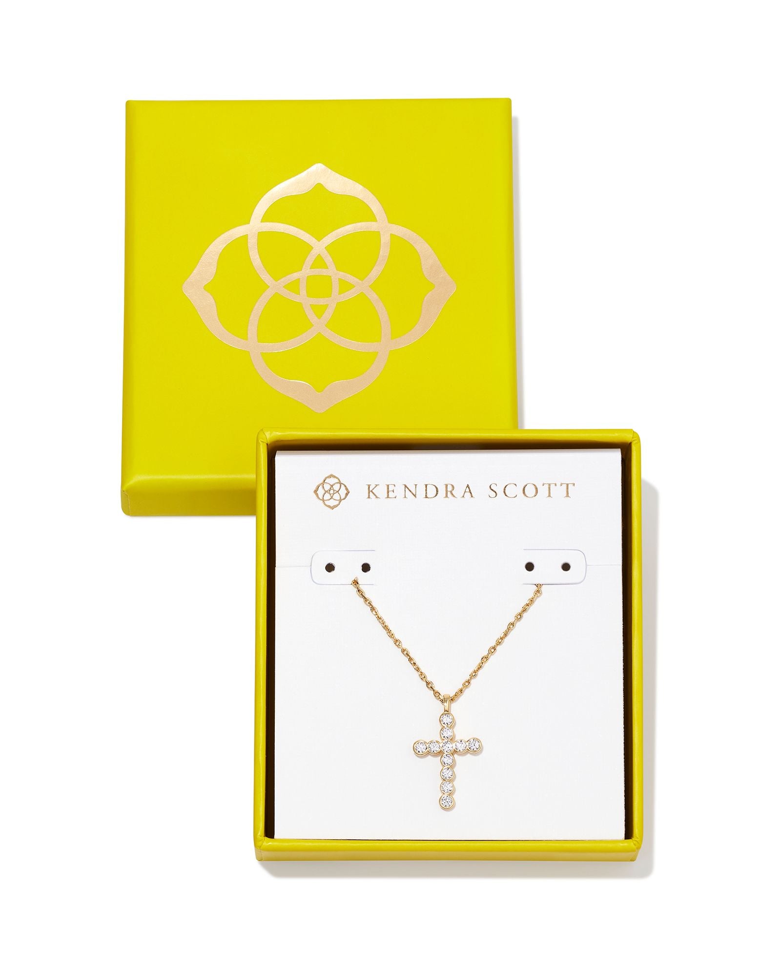 Boxed Cross Crystal Pendant Necklace in Gold Metal White Crystal