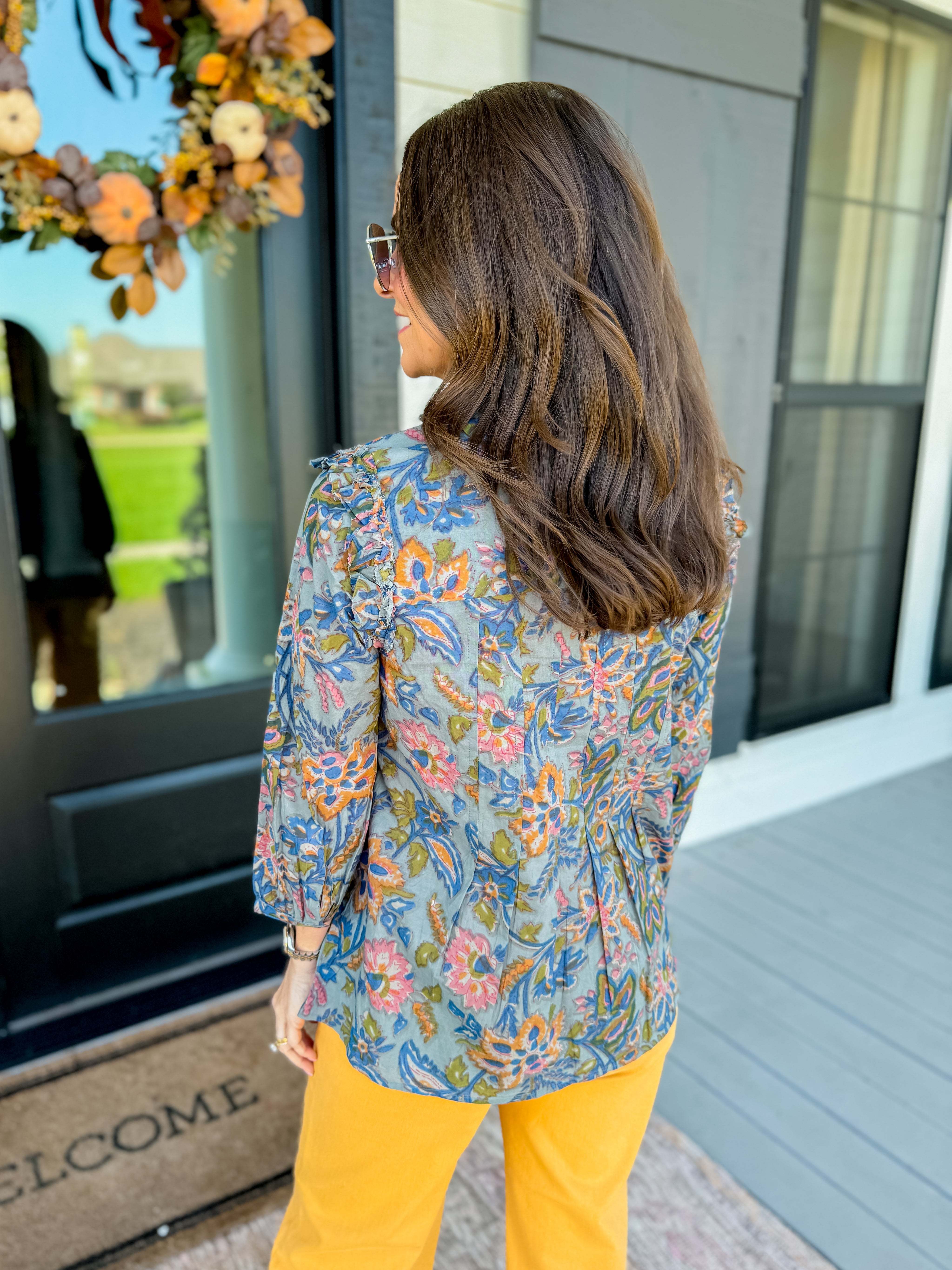 Ruffled Neck Top in Blue