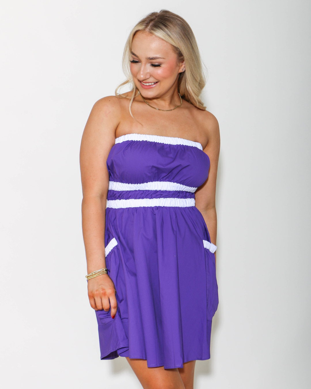 Contrast Gathered Over Sized Pocket Tube Dress in Purple