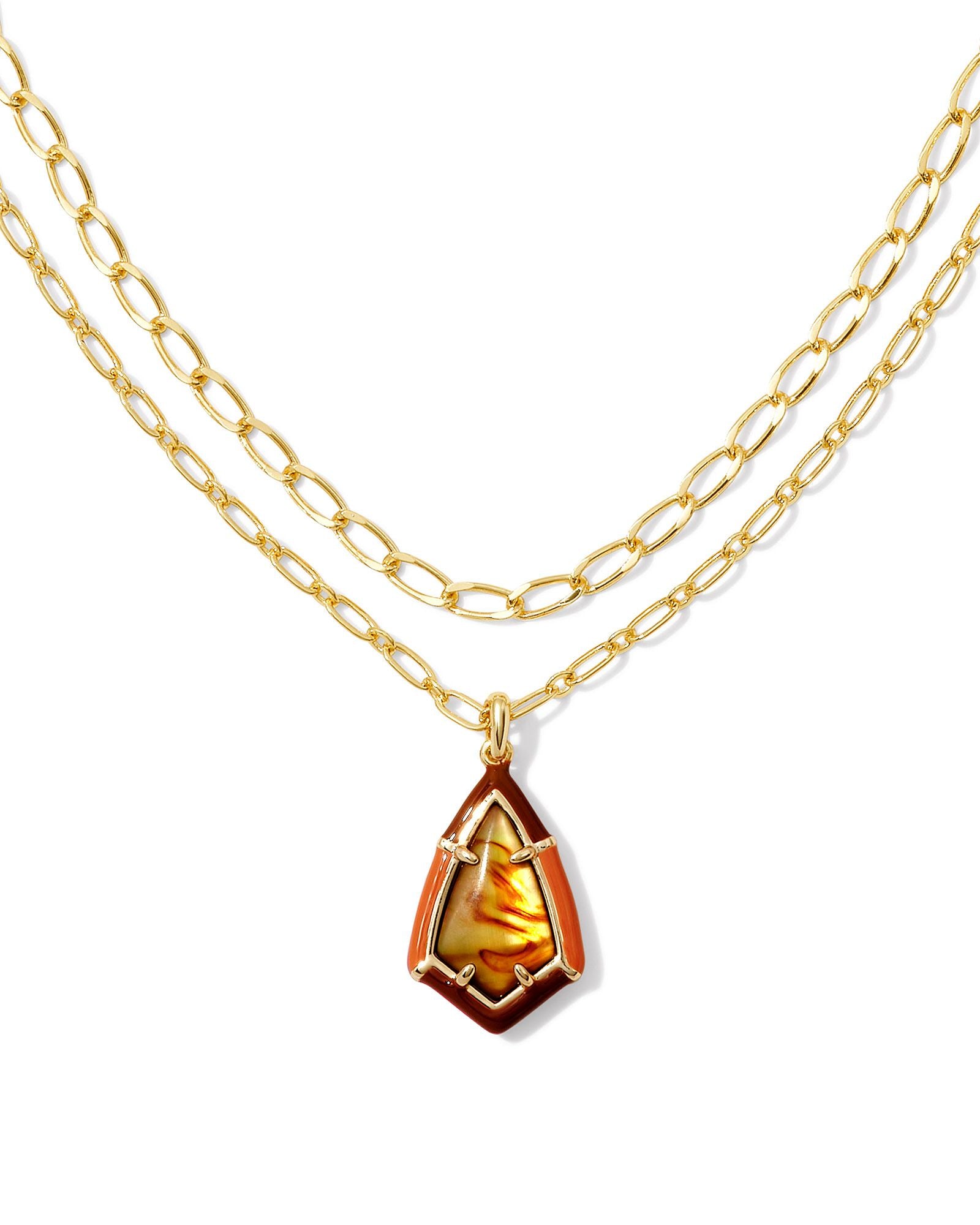 Camry Enamel Frame Multi Strand Necklace in Gold Marbled Amber Illusion