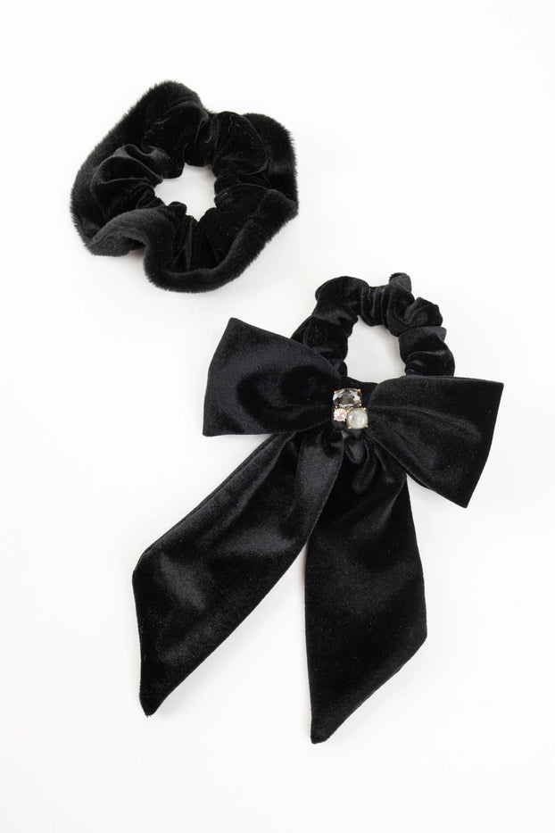 Lydia Velvet Bow Scrunchie Pair- Black