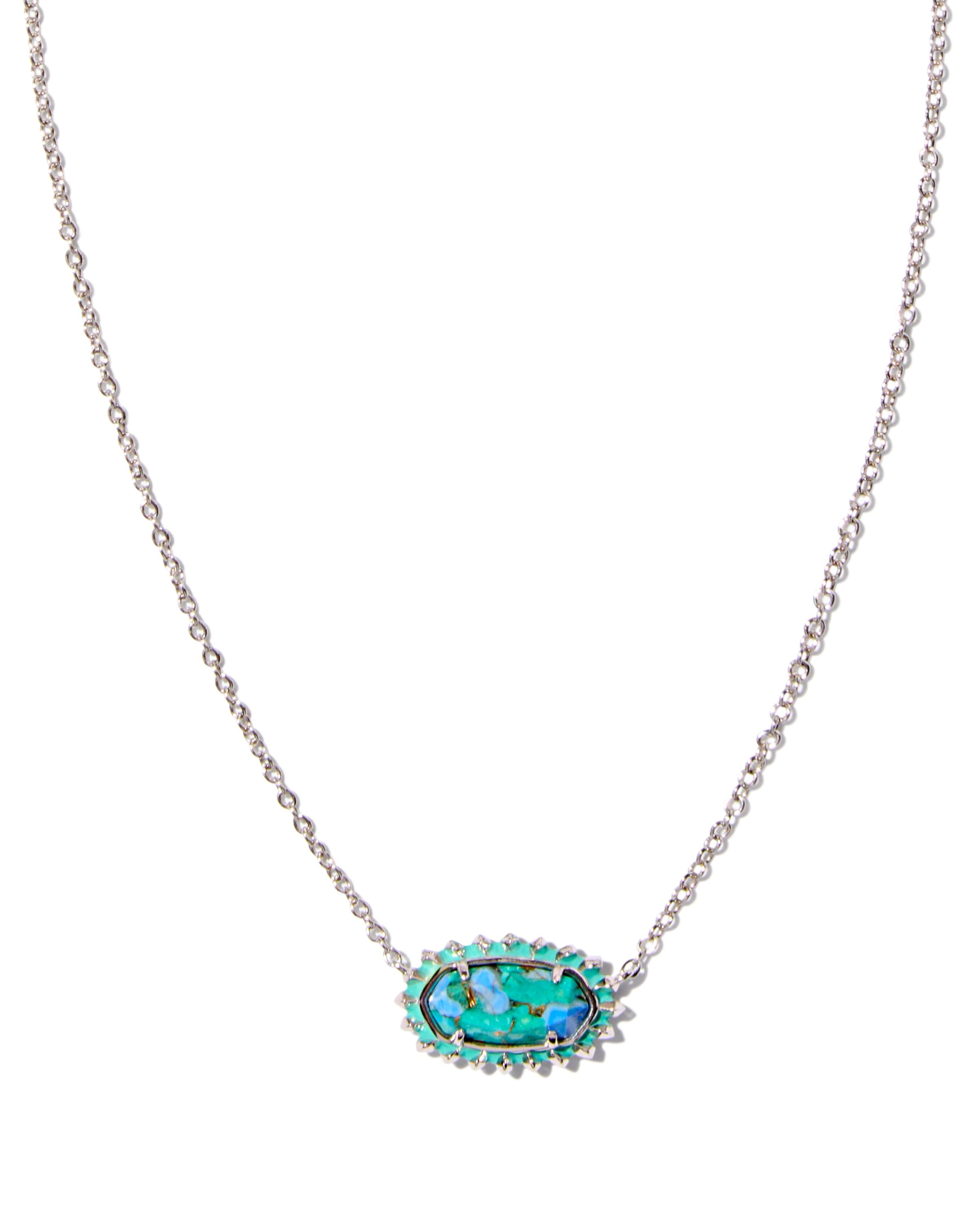 Elisa Color Burst Frame Frame Short Pendant Necklace in Silver Bronze Veined Aqua Magnesite