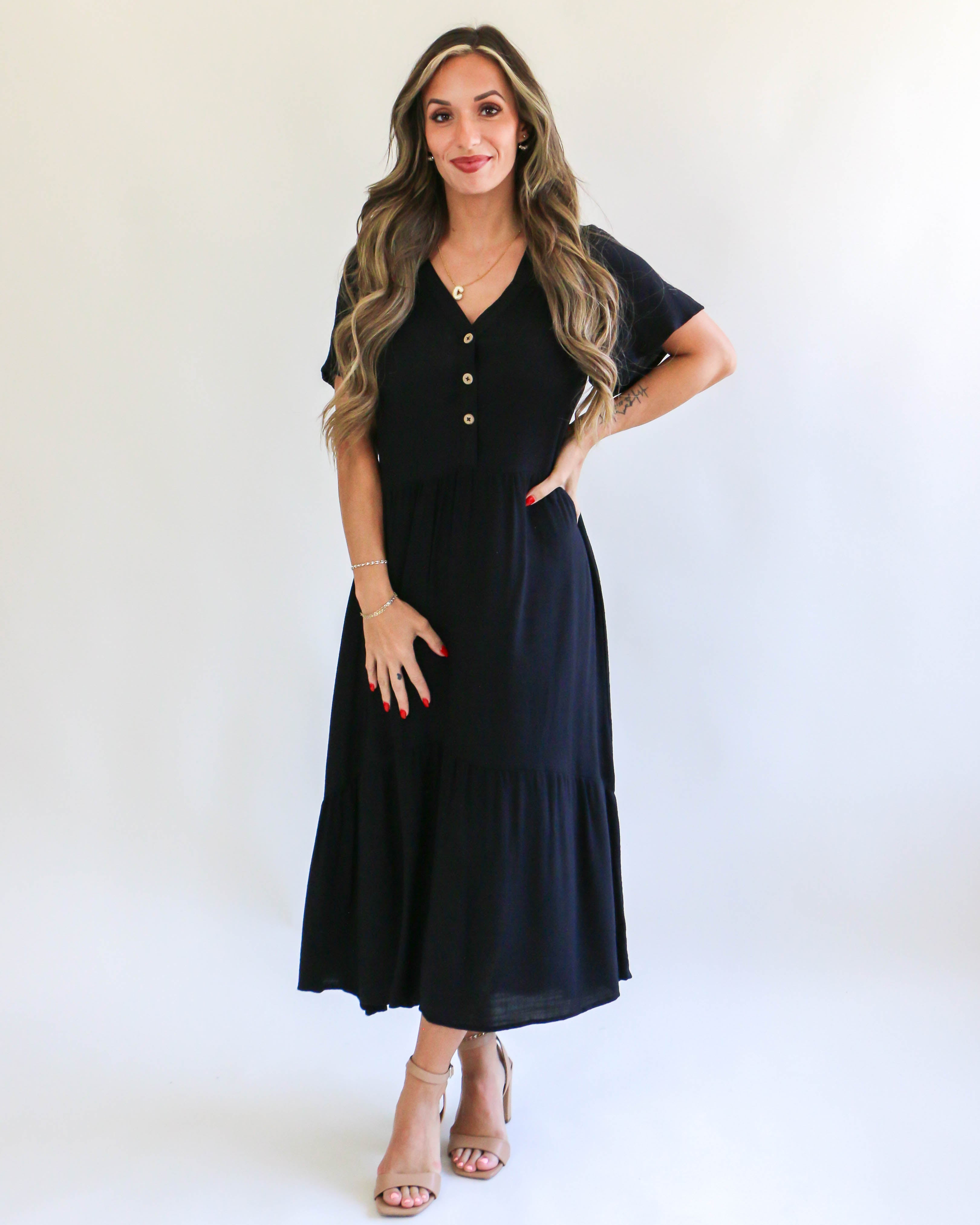 Woven Tiered V Neck Midi Dress in Black