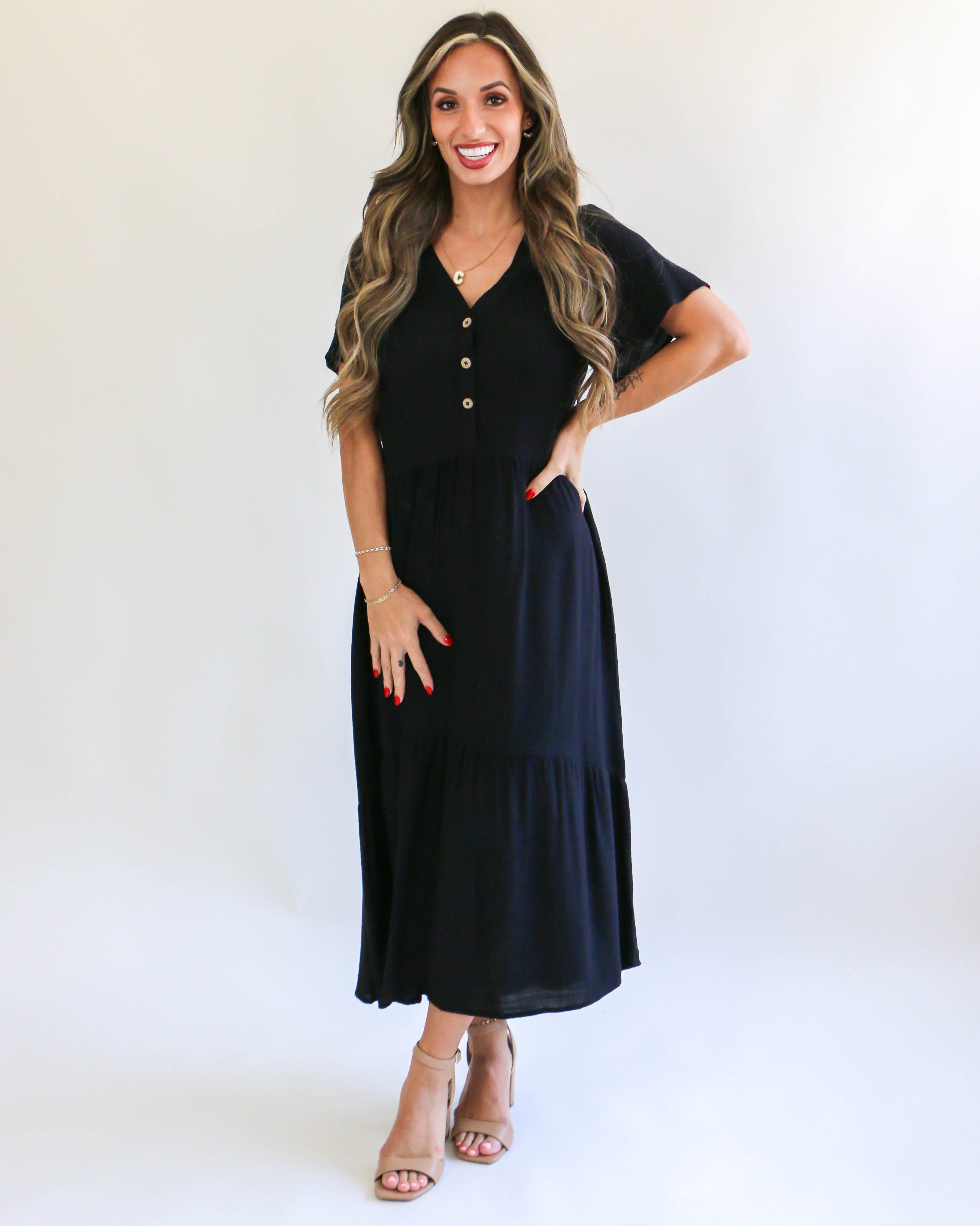 Woven Tiered V Neck Midi Dress in Black