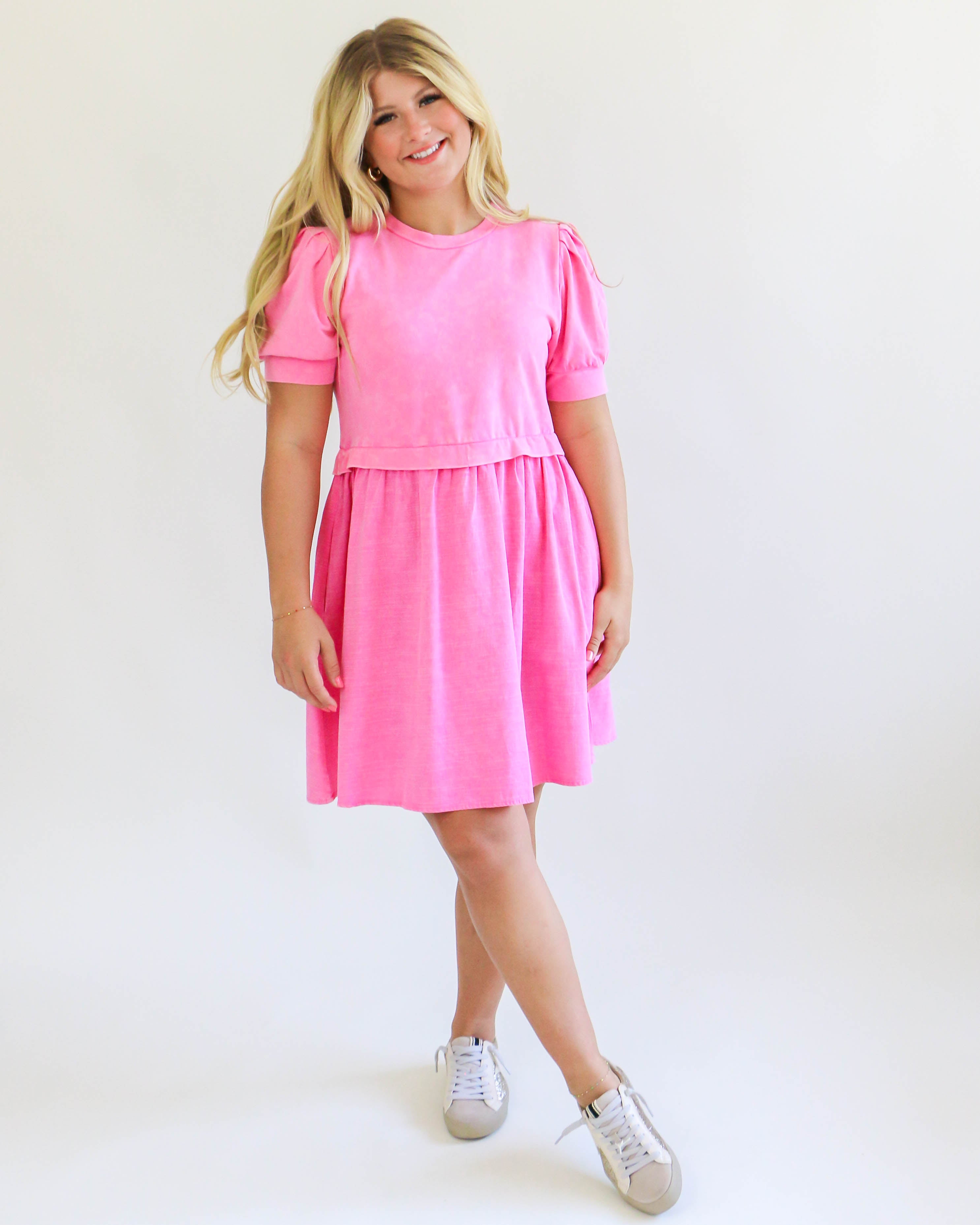 Washing Cotton Mini Dress in Pink