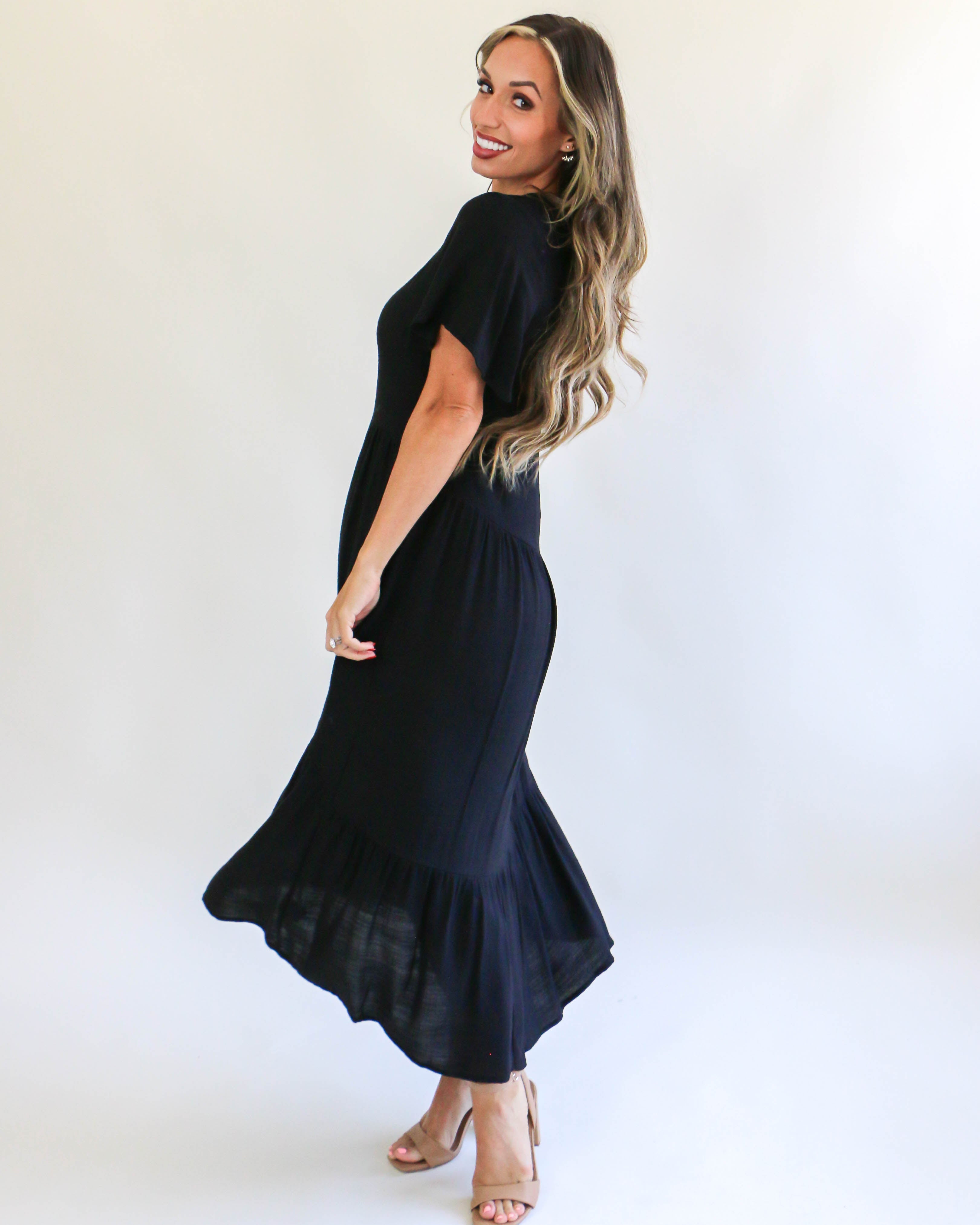 Woven Tiered V Neck Midi Dress in Black