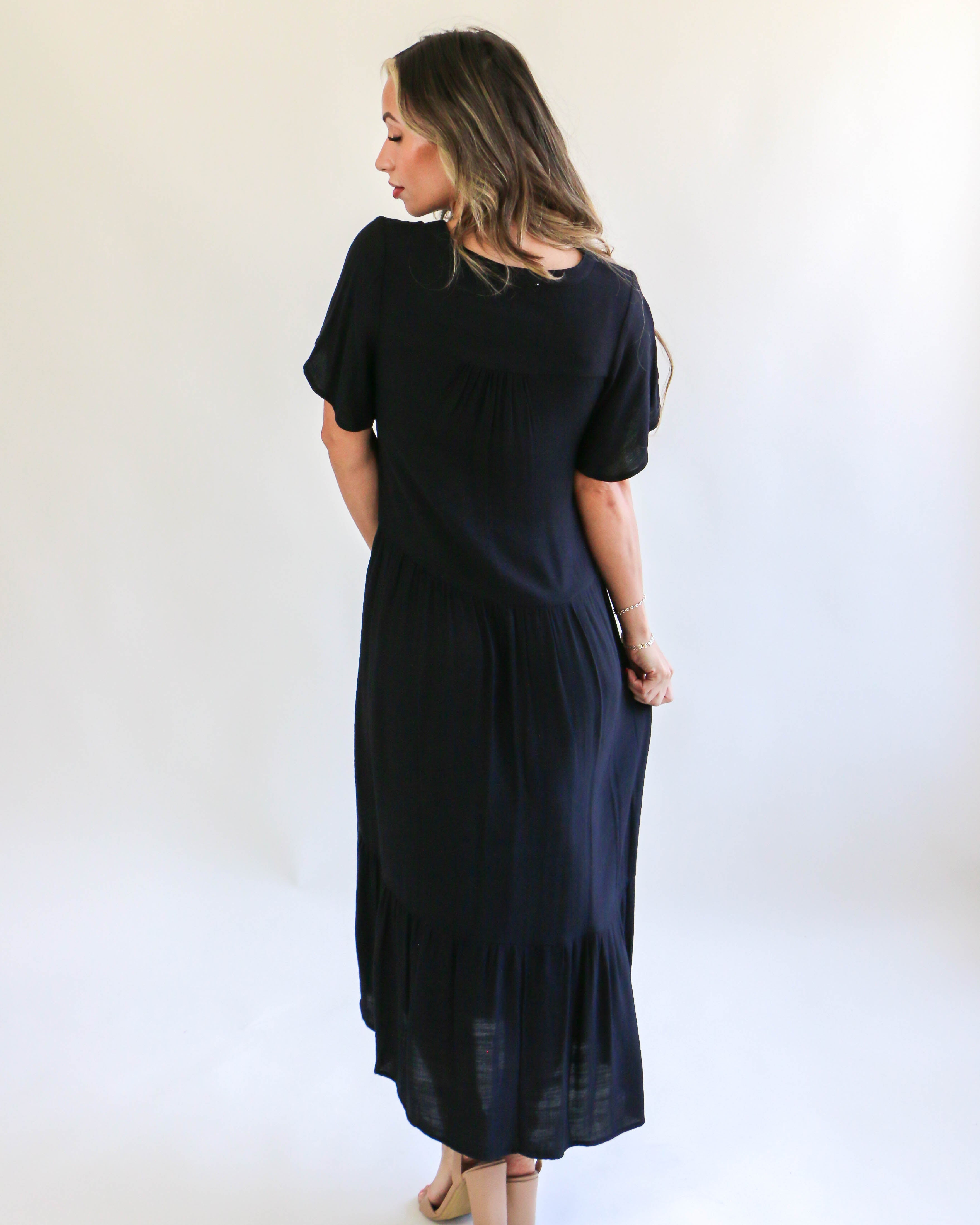 Woven Tiered V Neck Midi Dress in Black