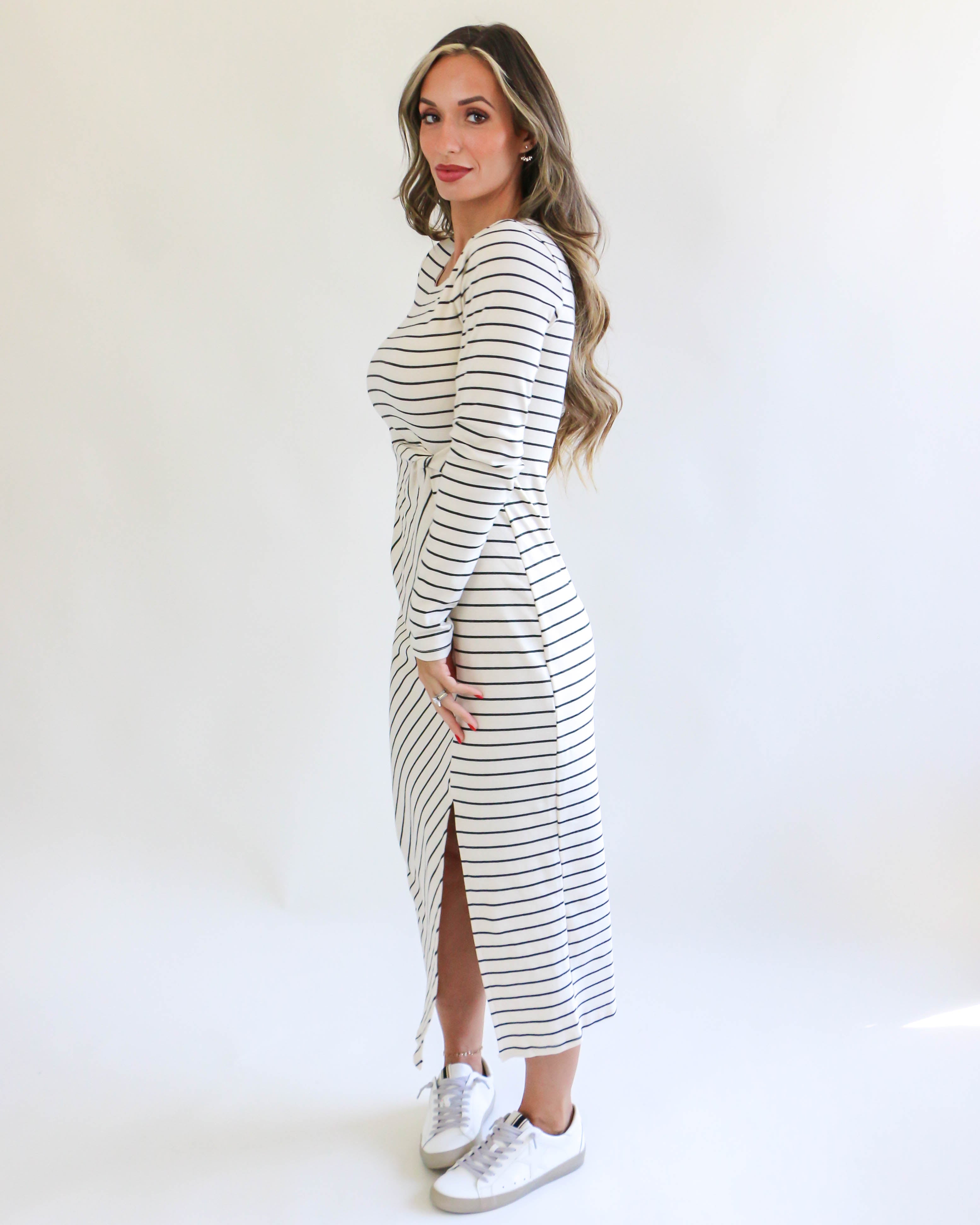 Long Sleeve Waist Twist Side Slit Stripe Maxi