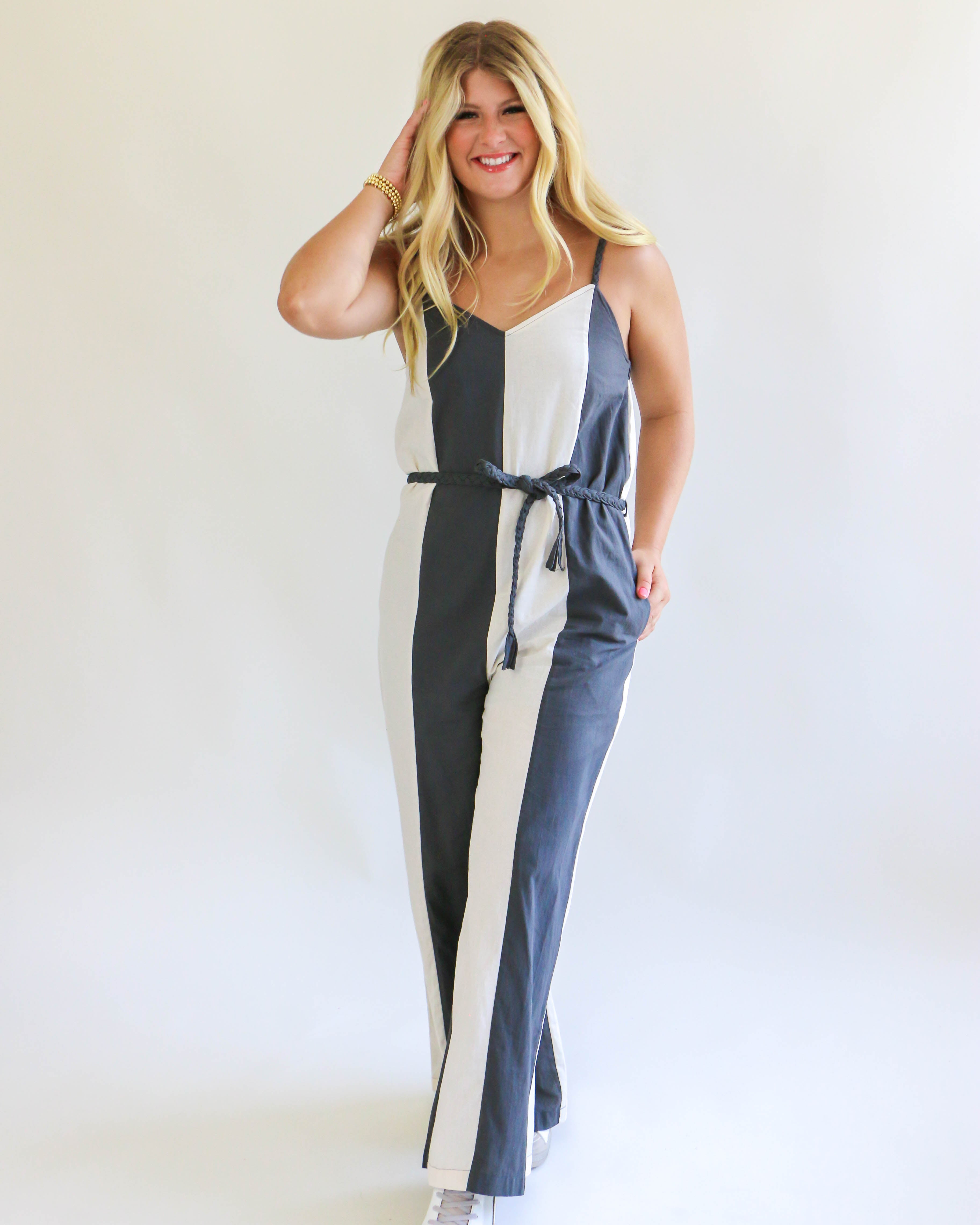 Striped Jumpsuit With Braided Drawstring in Charcoal