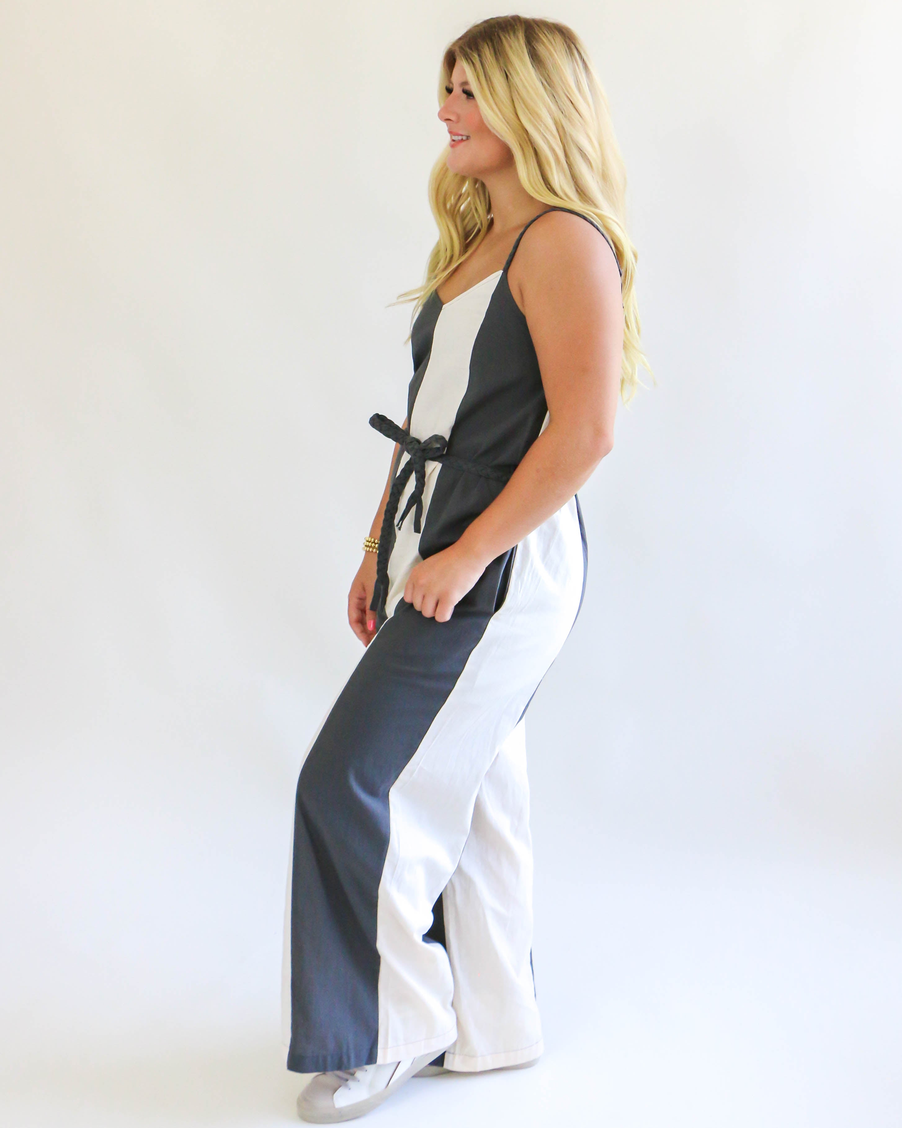 Striped Jumpsuit With Braided Drawstring in Charcoal