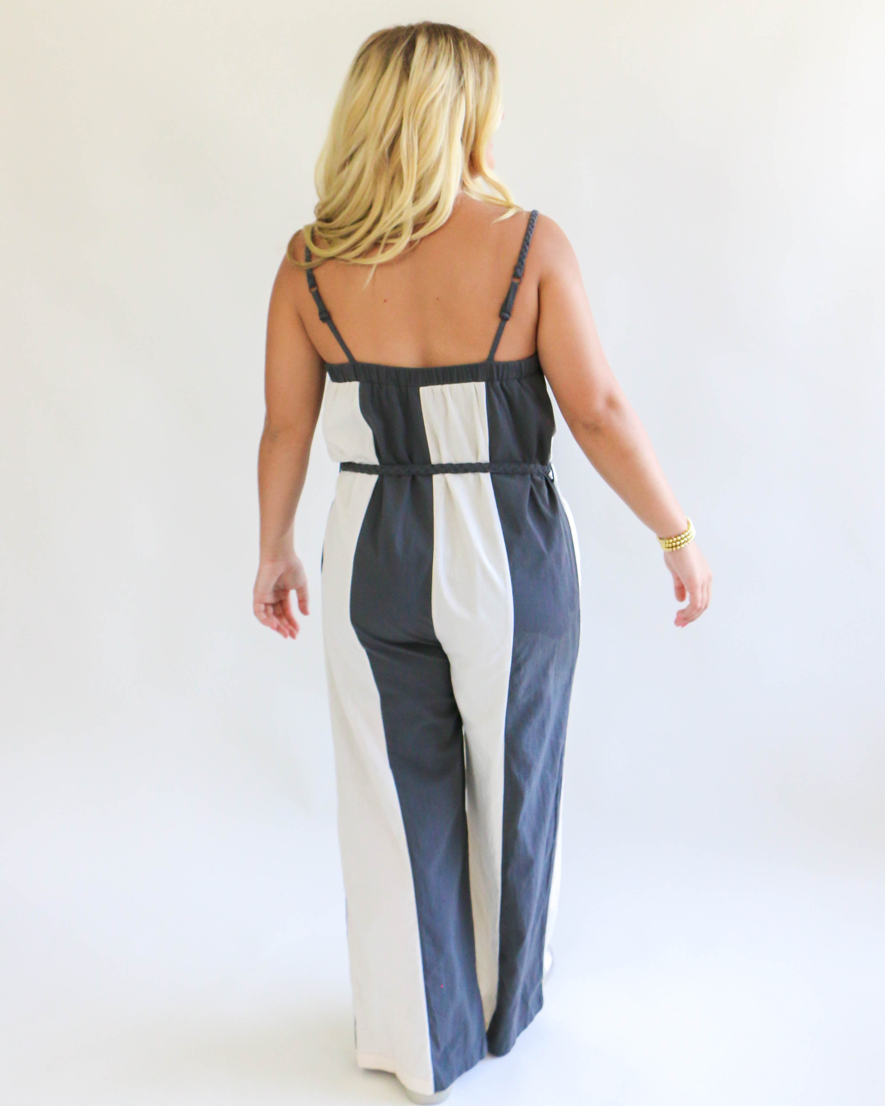 Striped Jumpsuit With Braided Drawstring in Charcoal