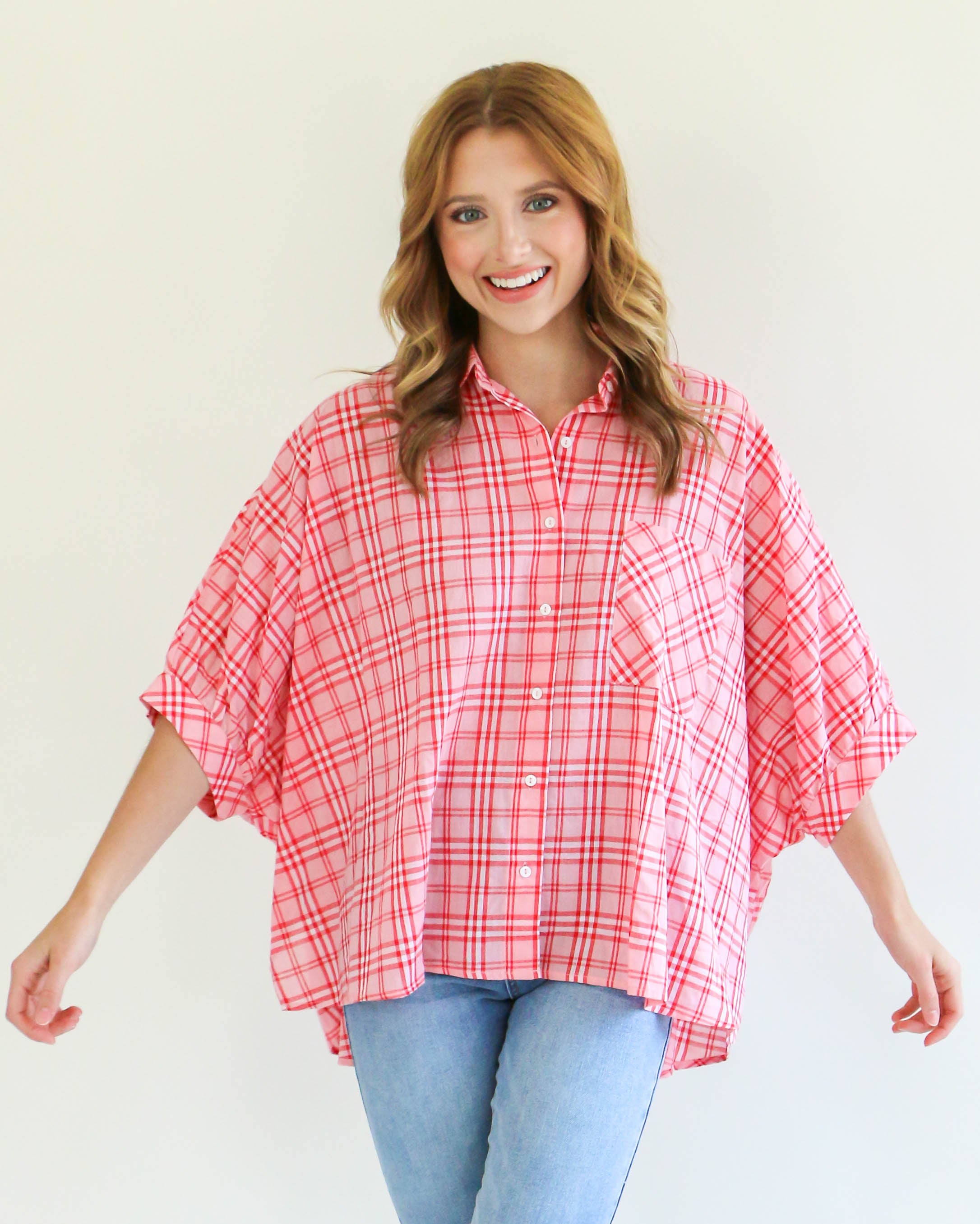 Pink Plaid Print Collared Button-Down Half Sleeve Top