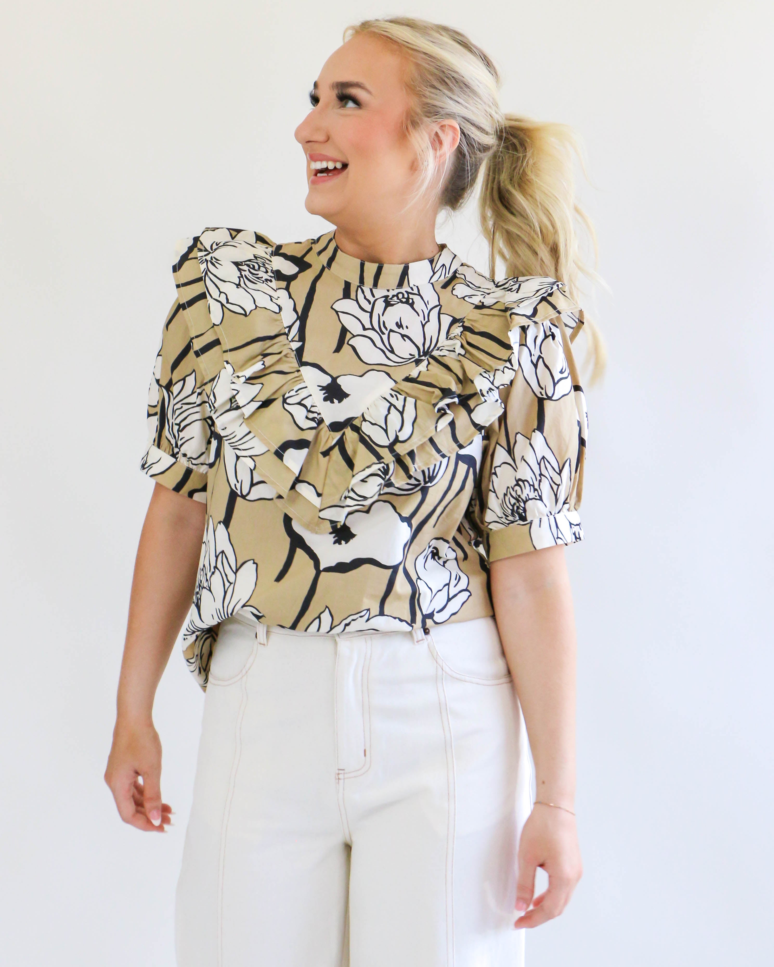 Taupe Bubble Sleeve Top with Floral Design