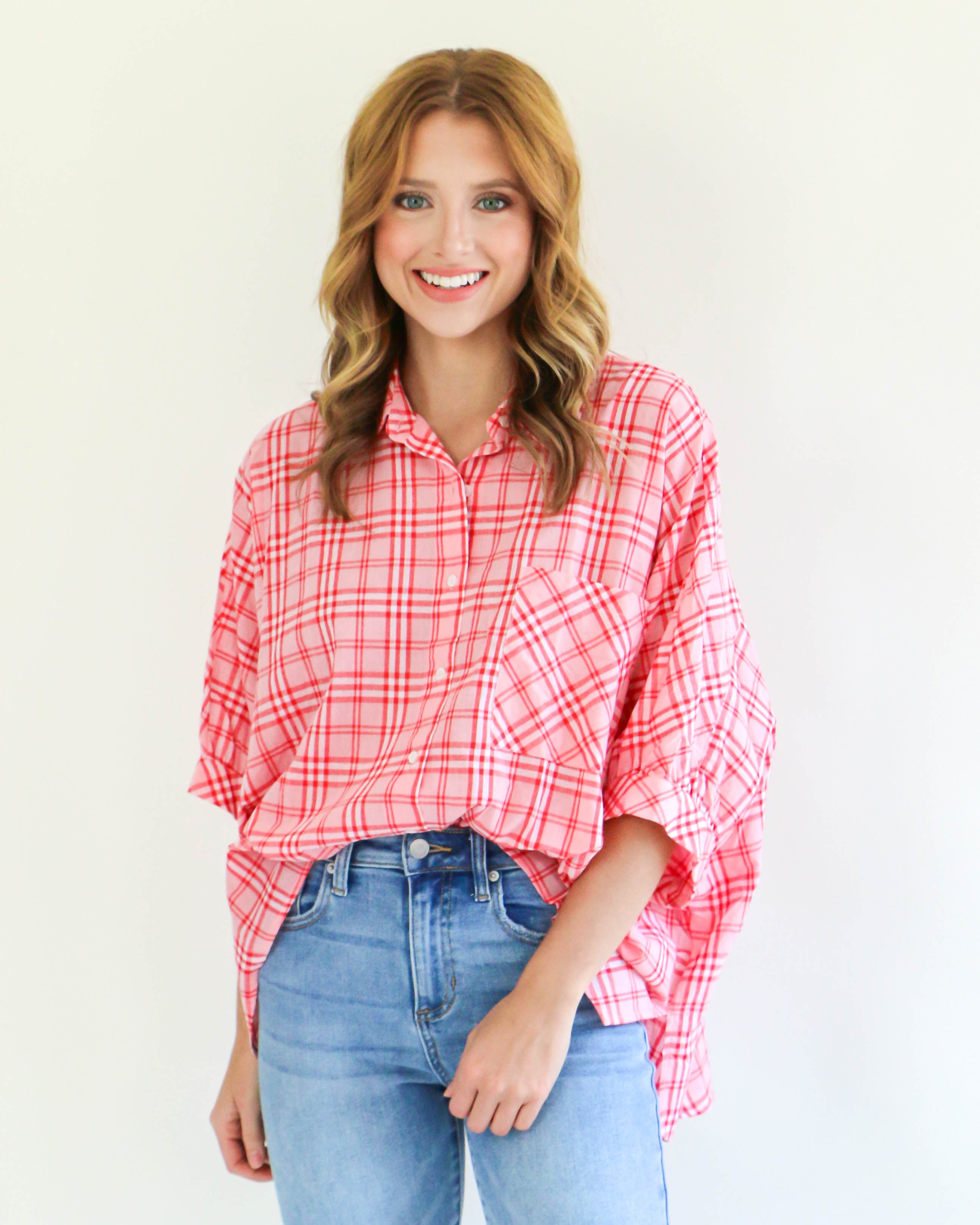 Pink Plaid Print Collared Button-Down Half Sleeve Top