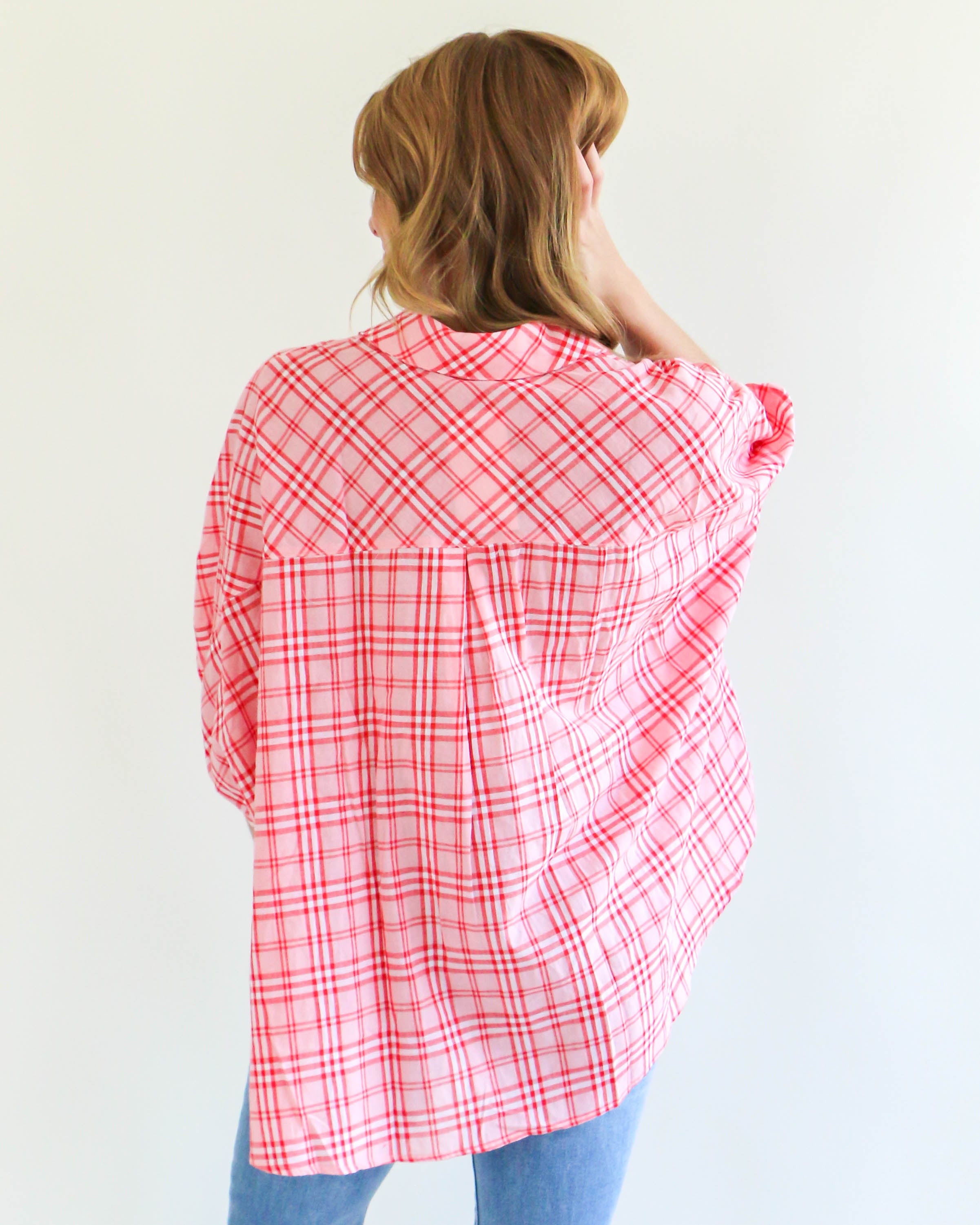 Pink Plaid Print Collared Button-Down Half Sleeve Top