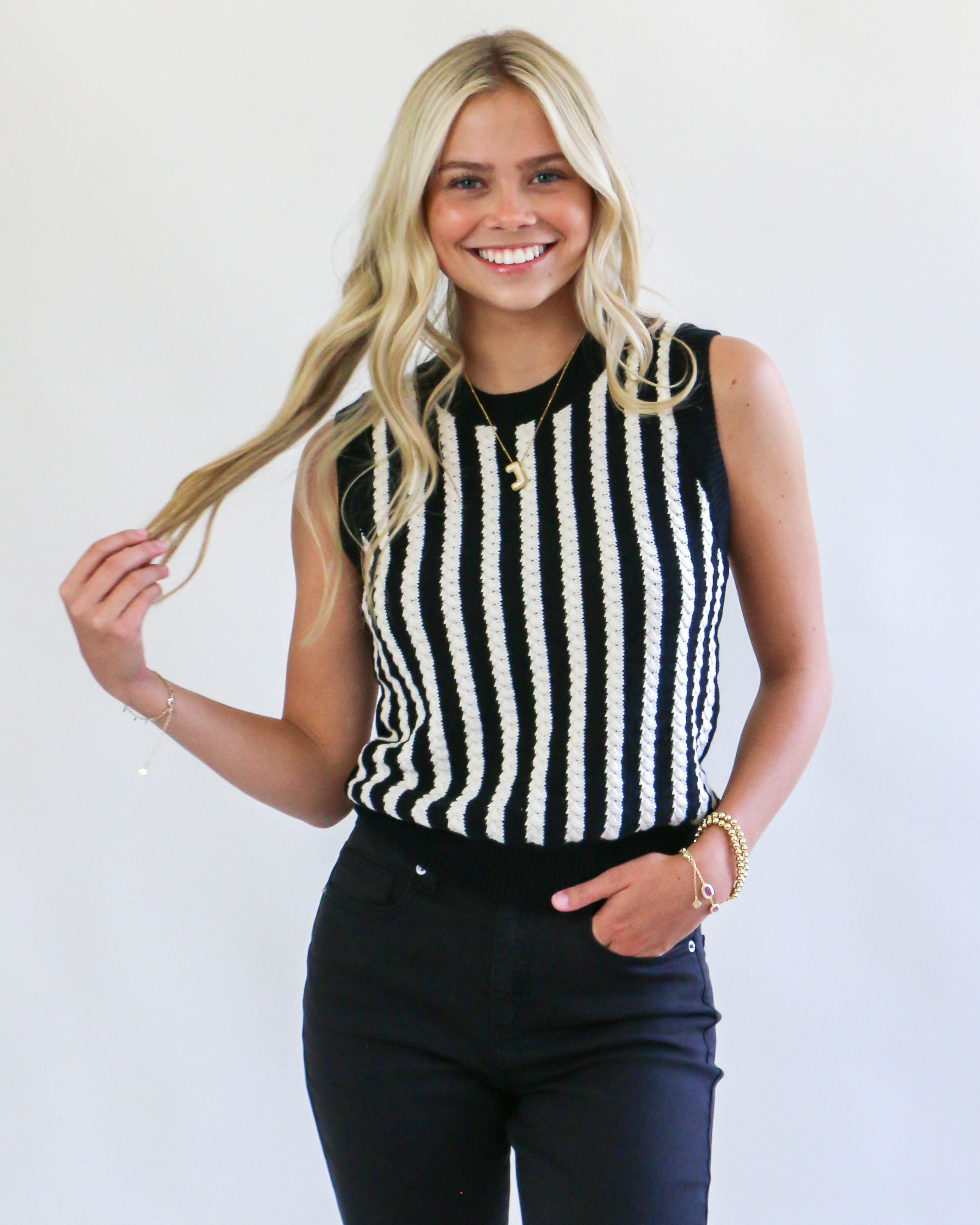 Black & Cream Stripe Sweater Top