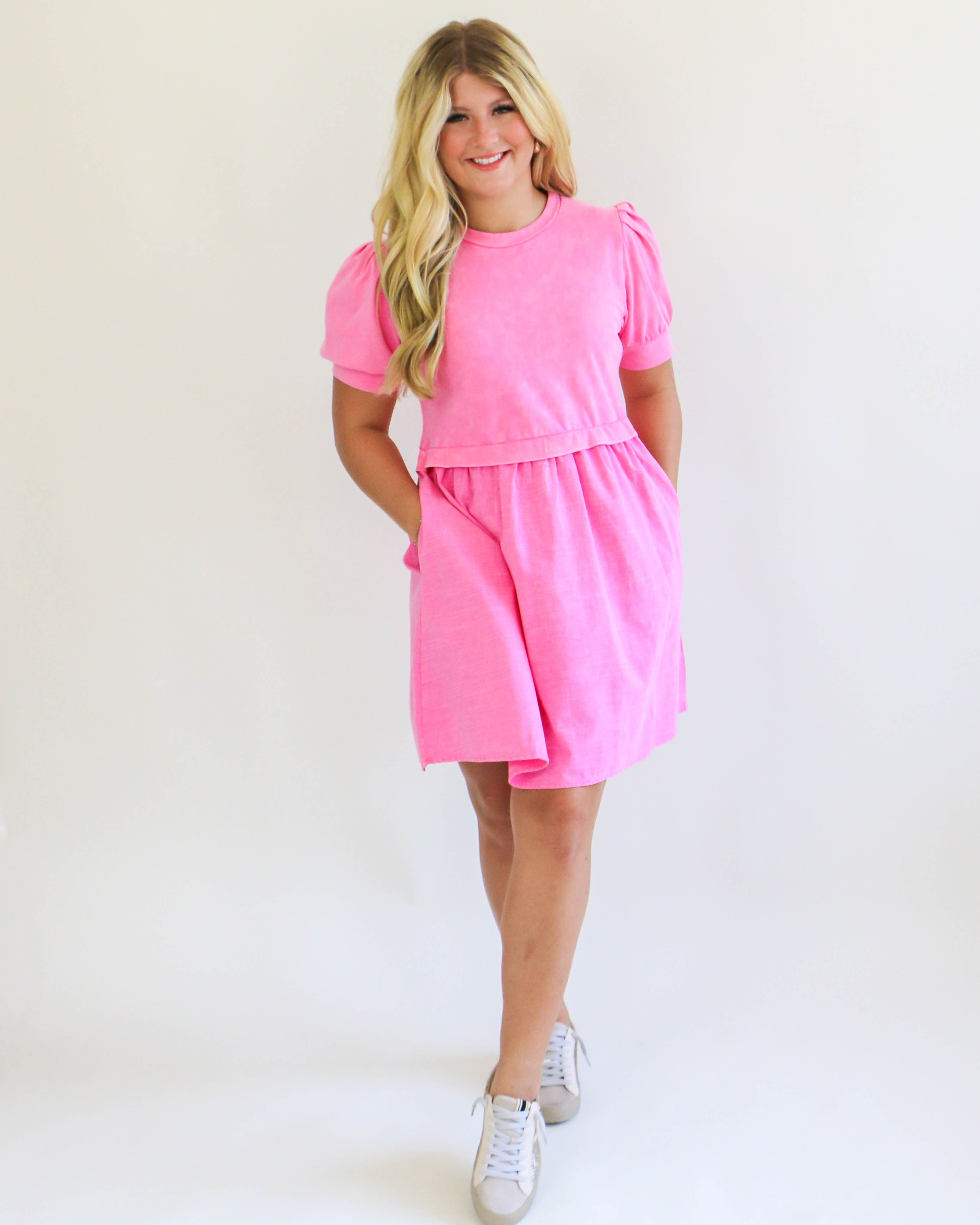 Washing Cotton Mini Dress in Pink