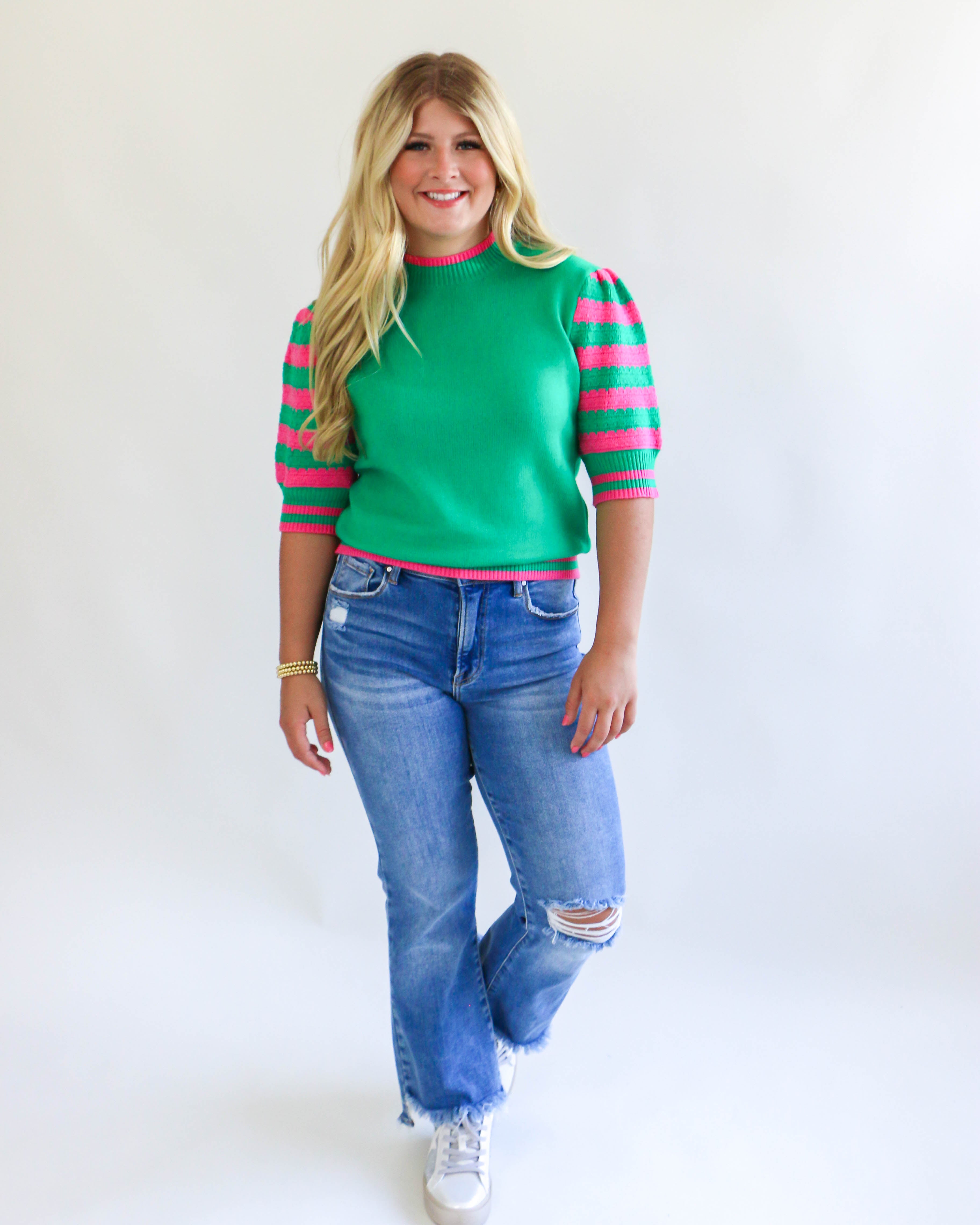 Puff Sleeve Knit Top in Green