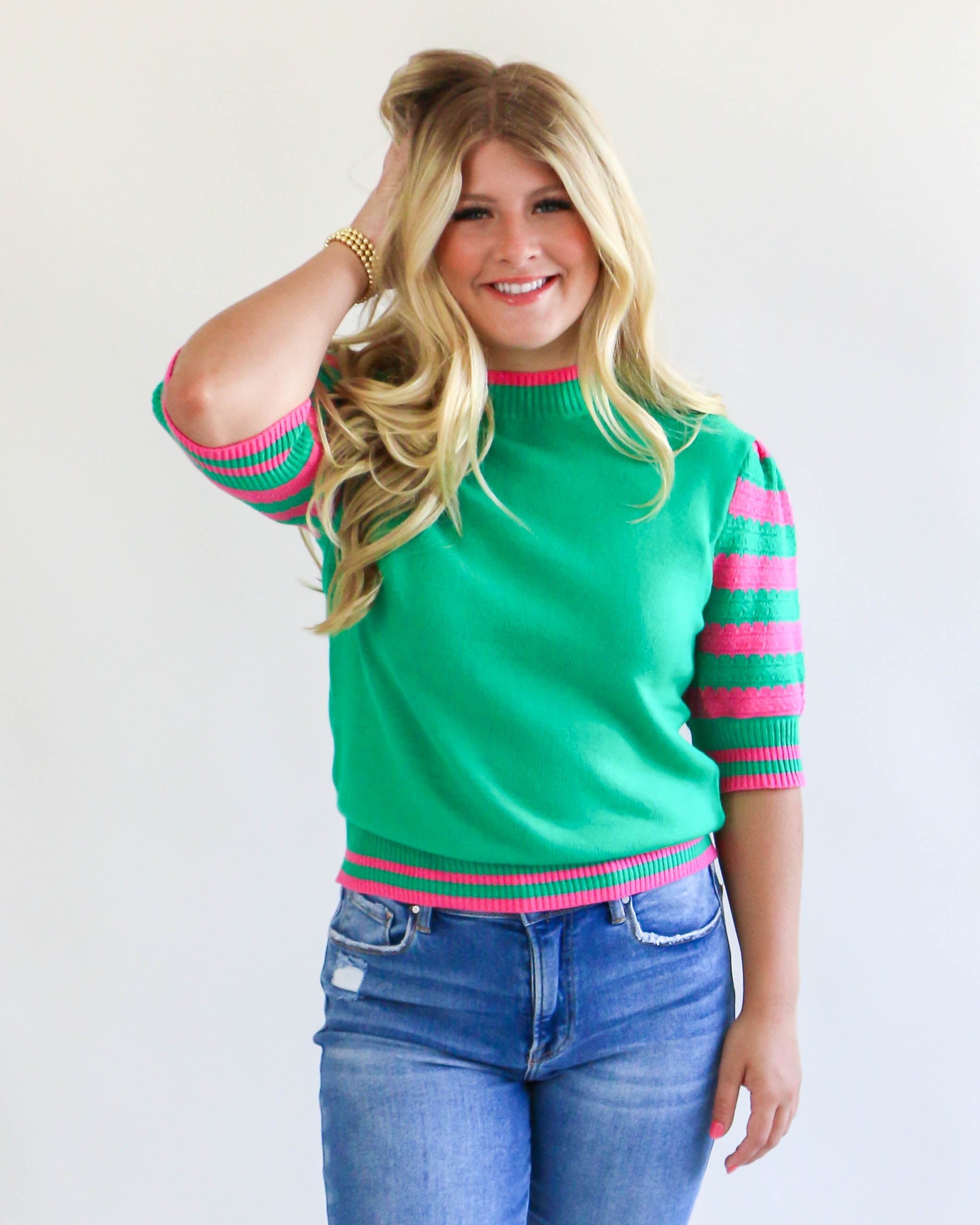 Puff Sleeve Knit Top in Green