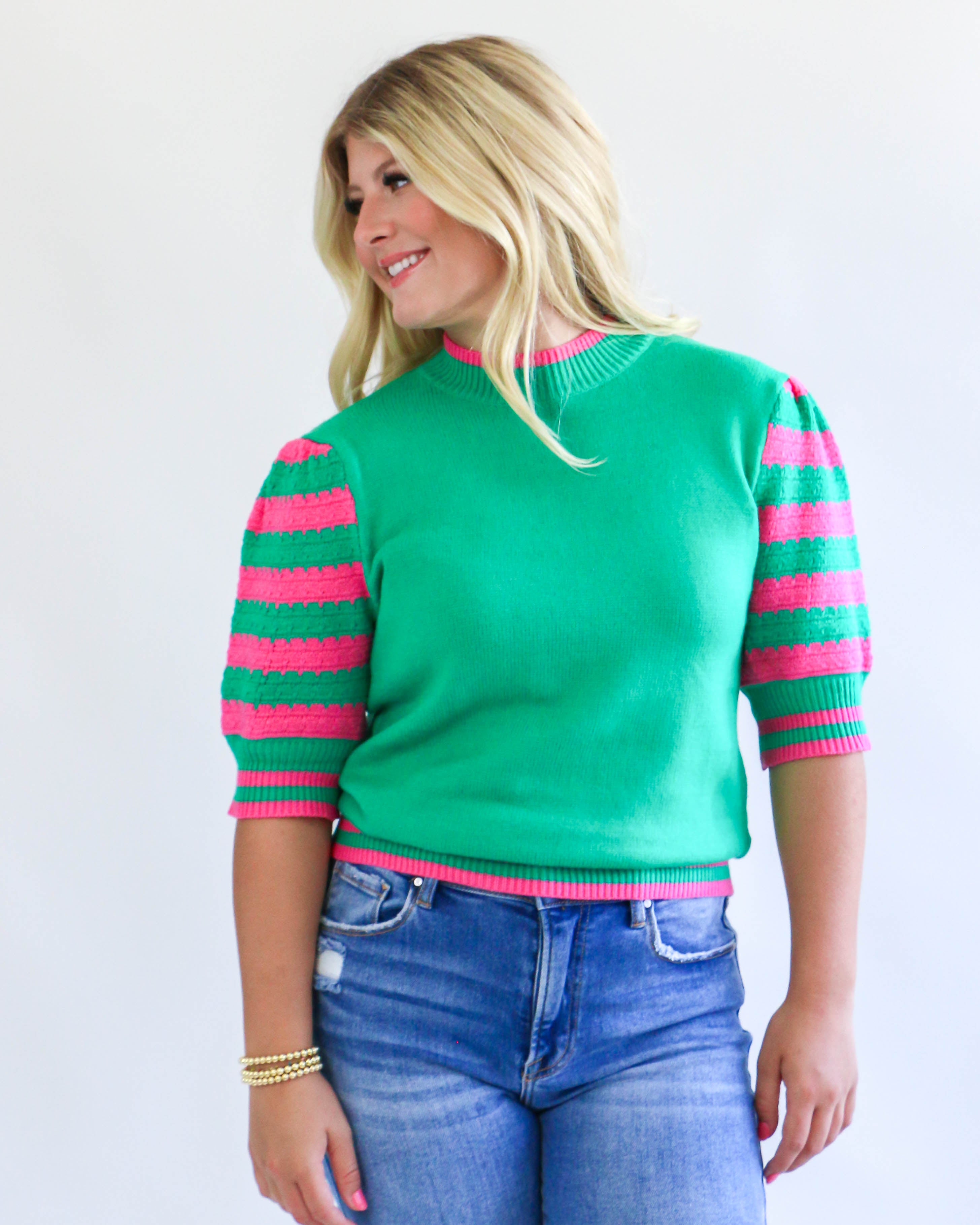 Puff Sleeve Knit Top in Green