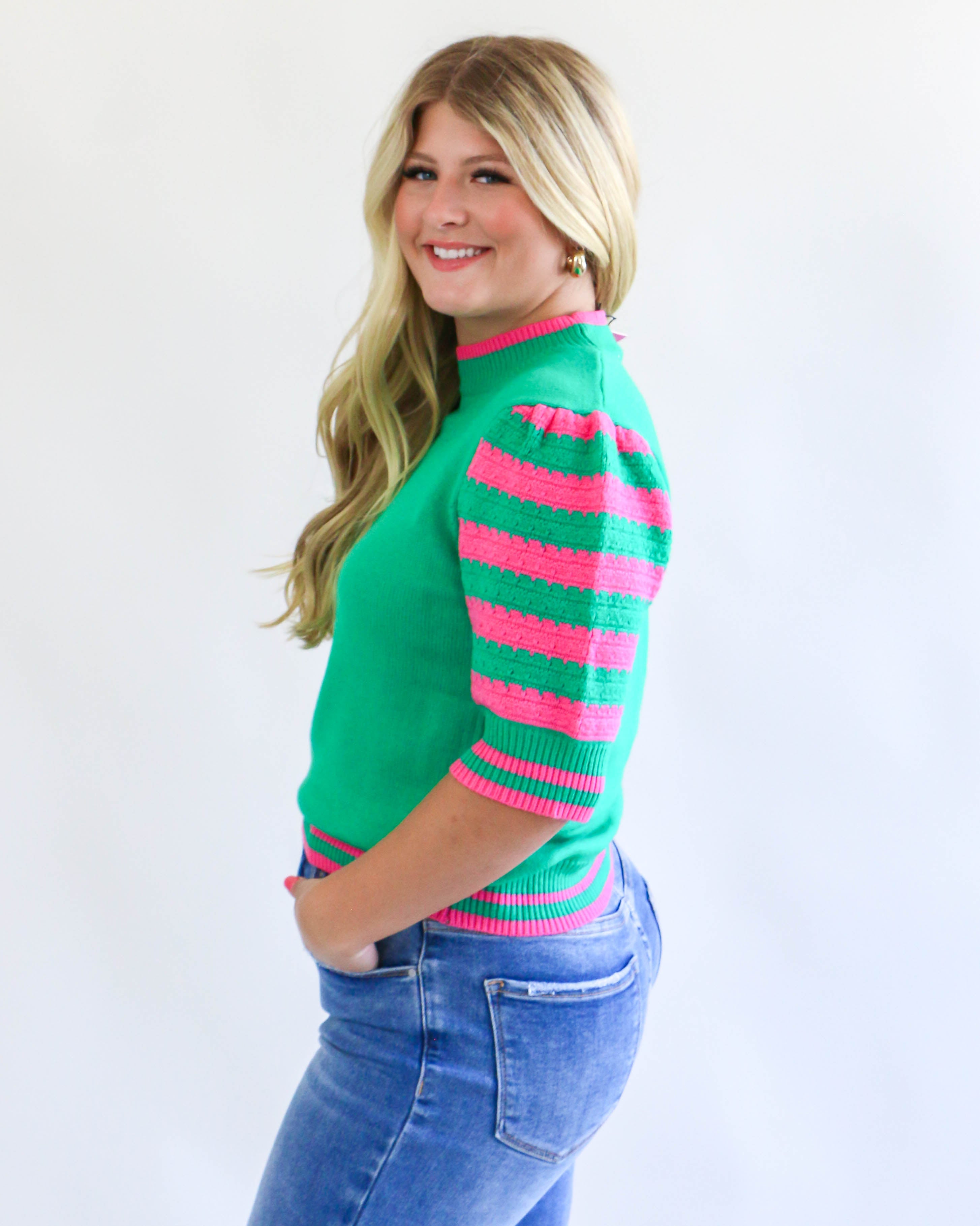 Puff Sleeve Knit Top in Green