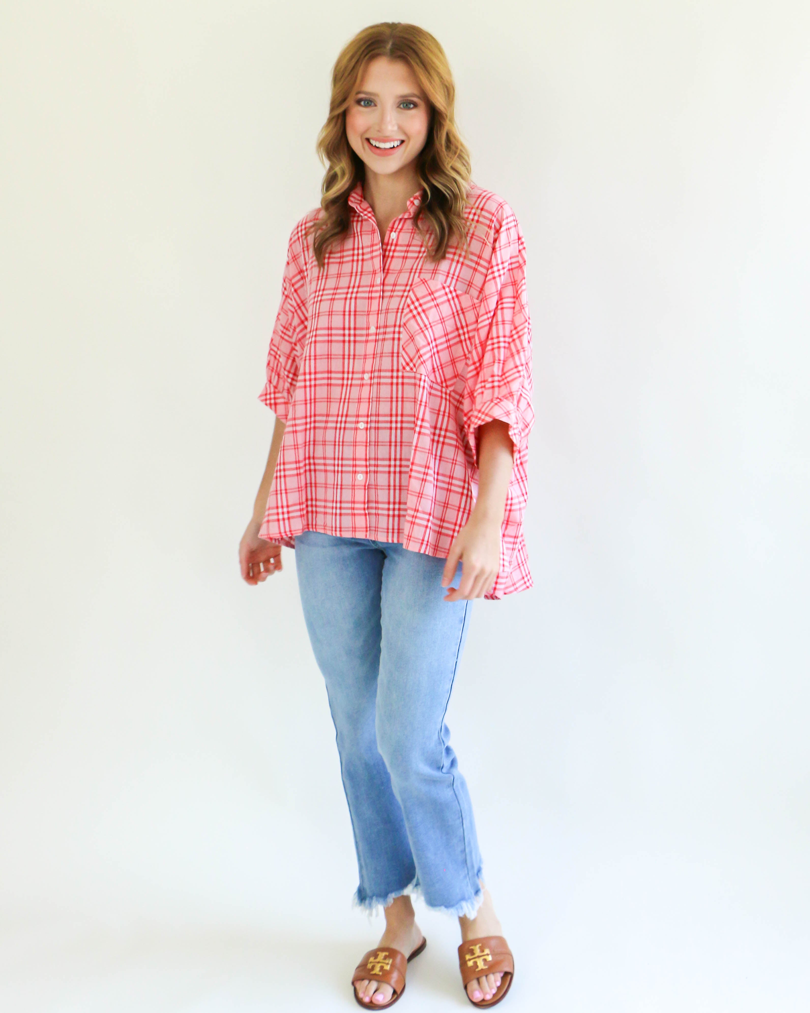 Pink Plaid Print Collared Button-Down Half Sleeve Top