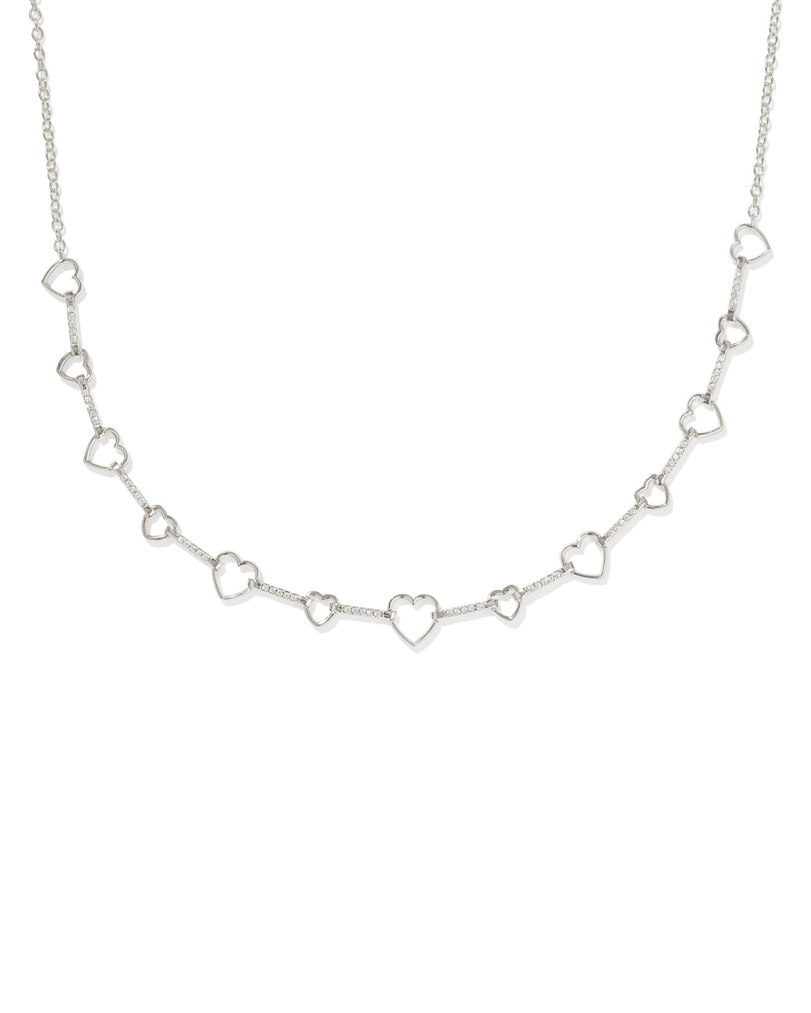 Haisley Heart Strand Necklace in Rhodium White Crystal