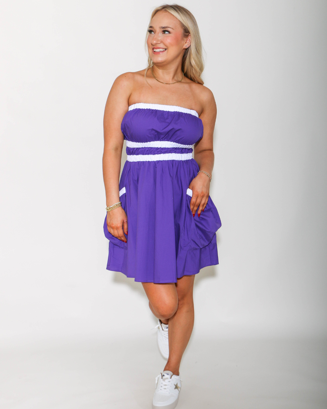 Contrast Gathered Over Sized Pocket Tube Dress in Purple