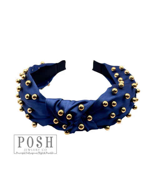 Blue Satin Headband with Gold Beads