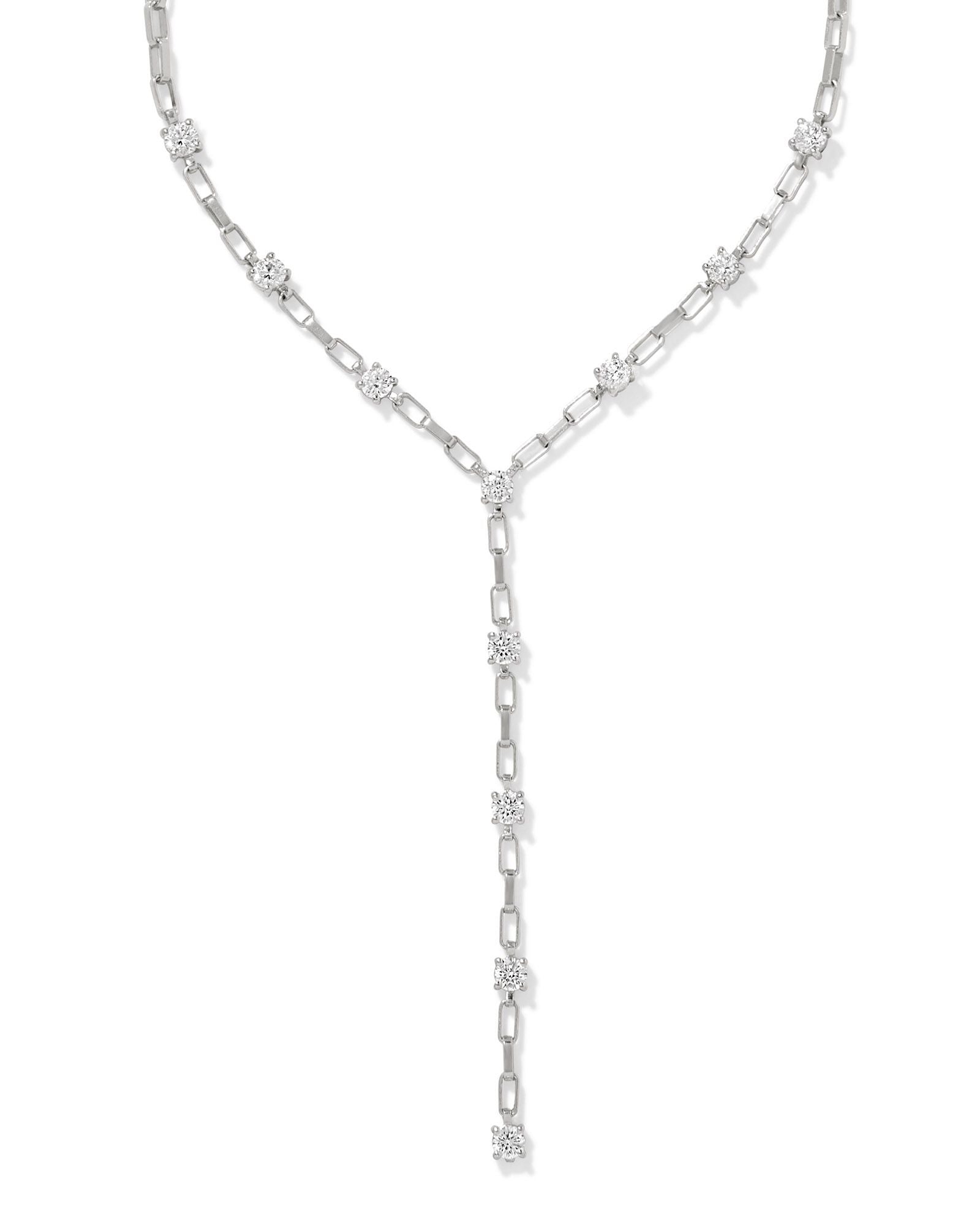 Lexi Y Necklace in Silver White Crystal