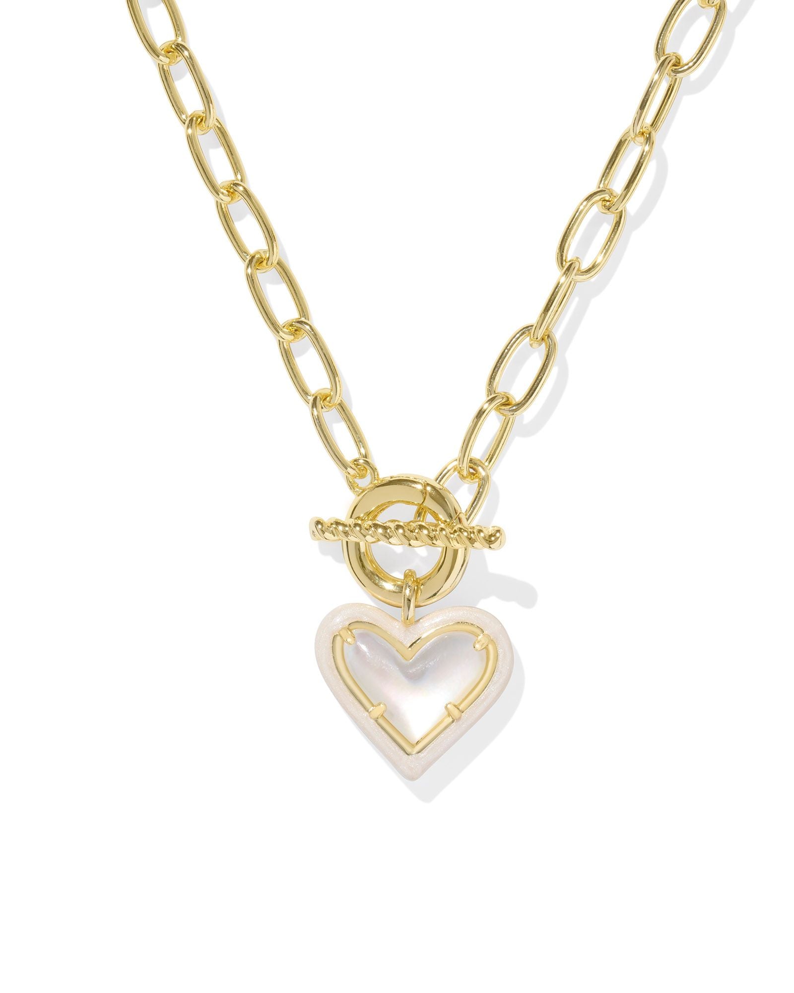 Ari Heart Enamel Frame Chain Necklace in Gold Ivory Mother of Pearl