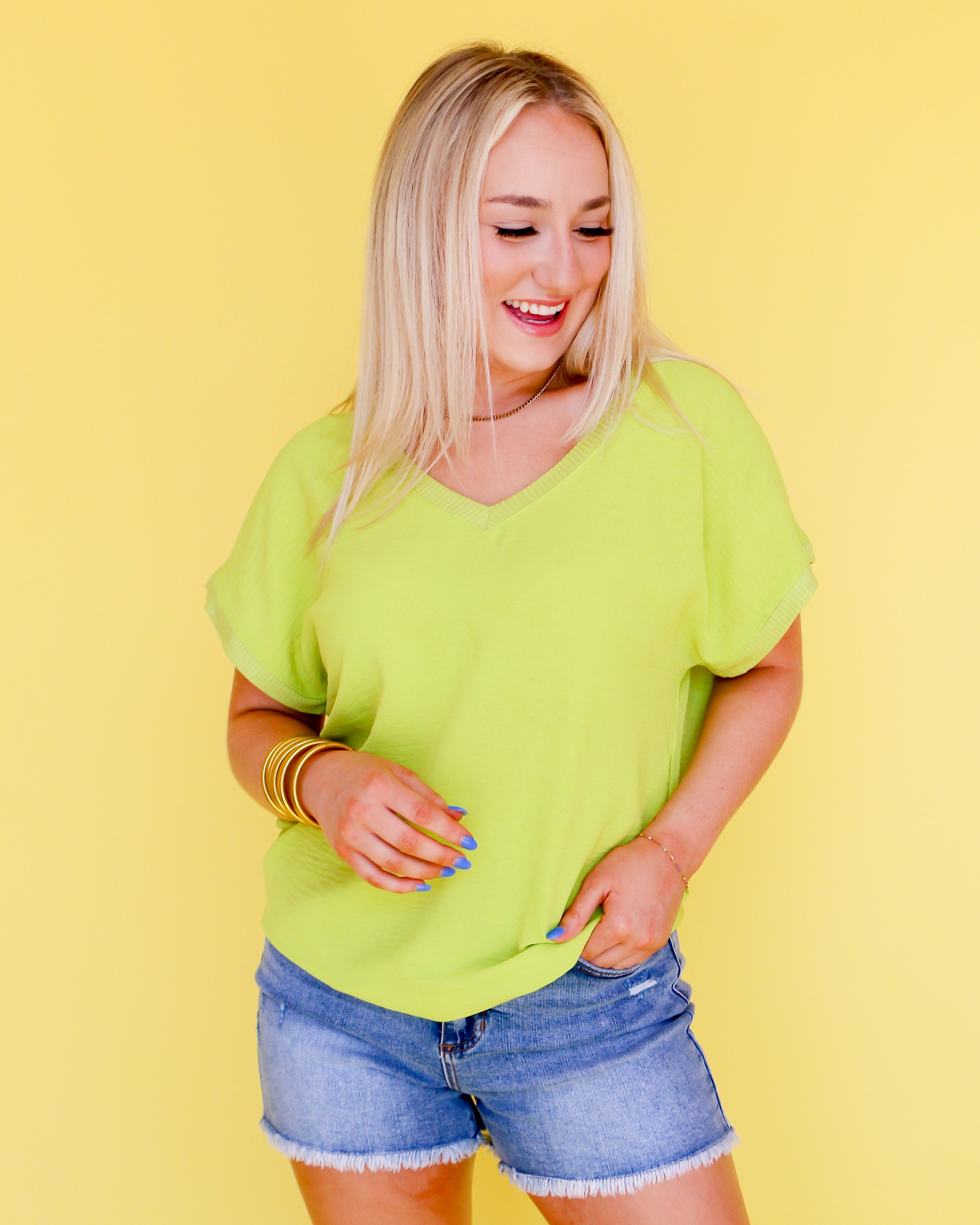 V-Neck Rib Trim Tee in Lime | Ivy Jane