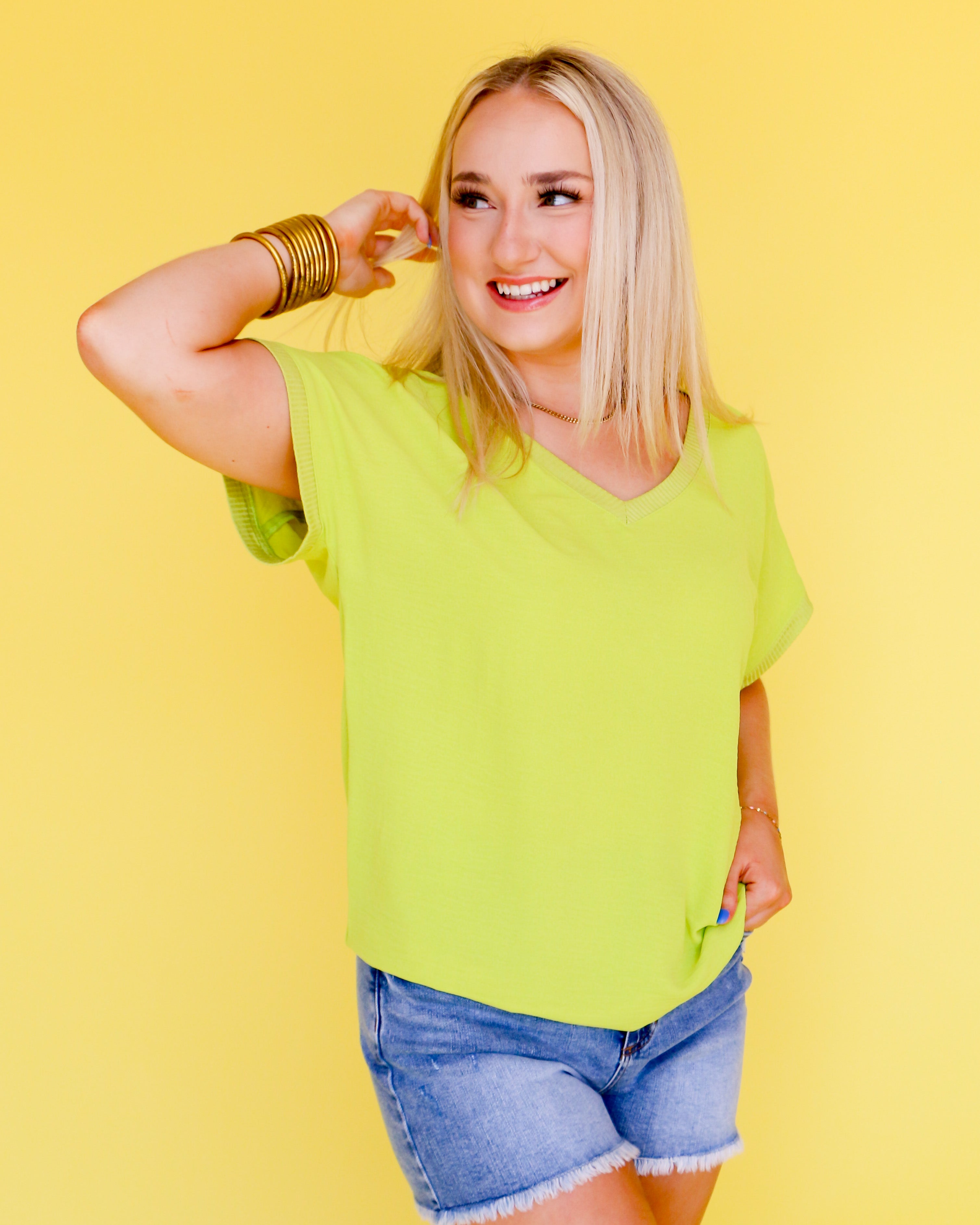 V-Neck Rib Trim Tee in Lime | Ivy Jane