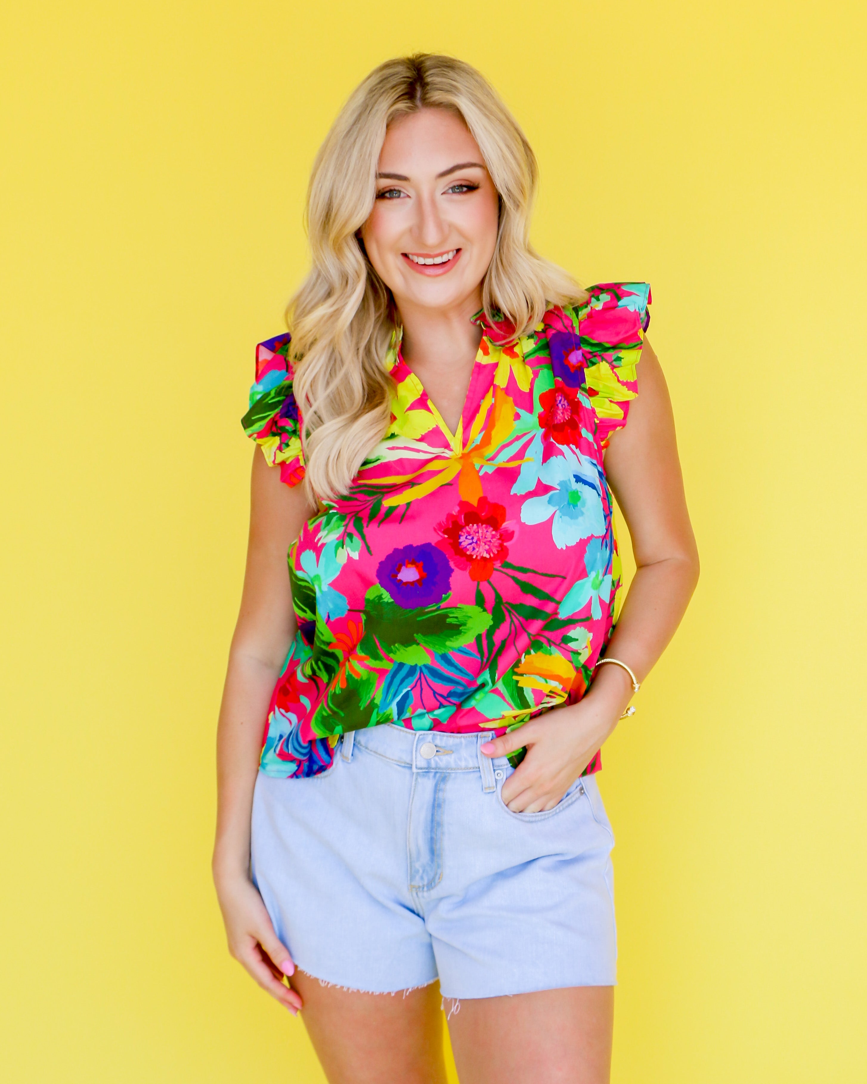 Hot Pink Multi Tropical Print Poplin Top