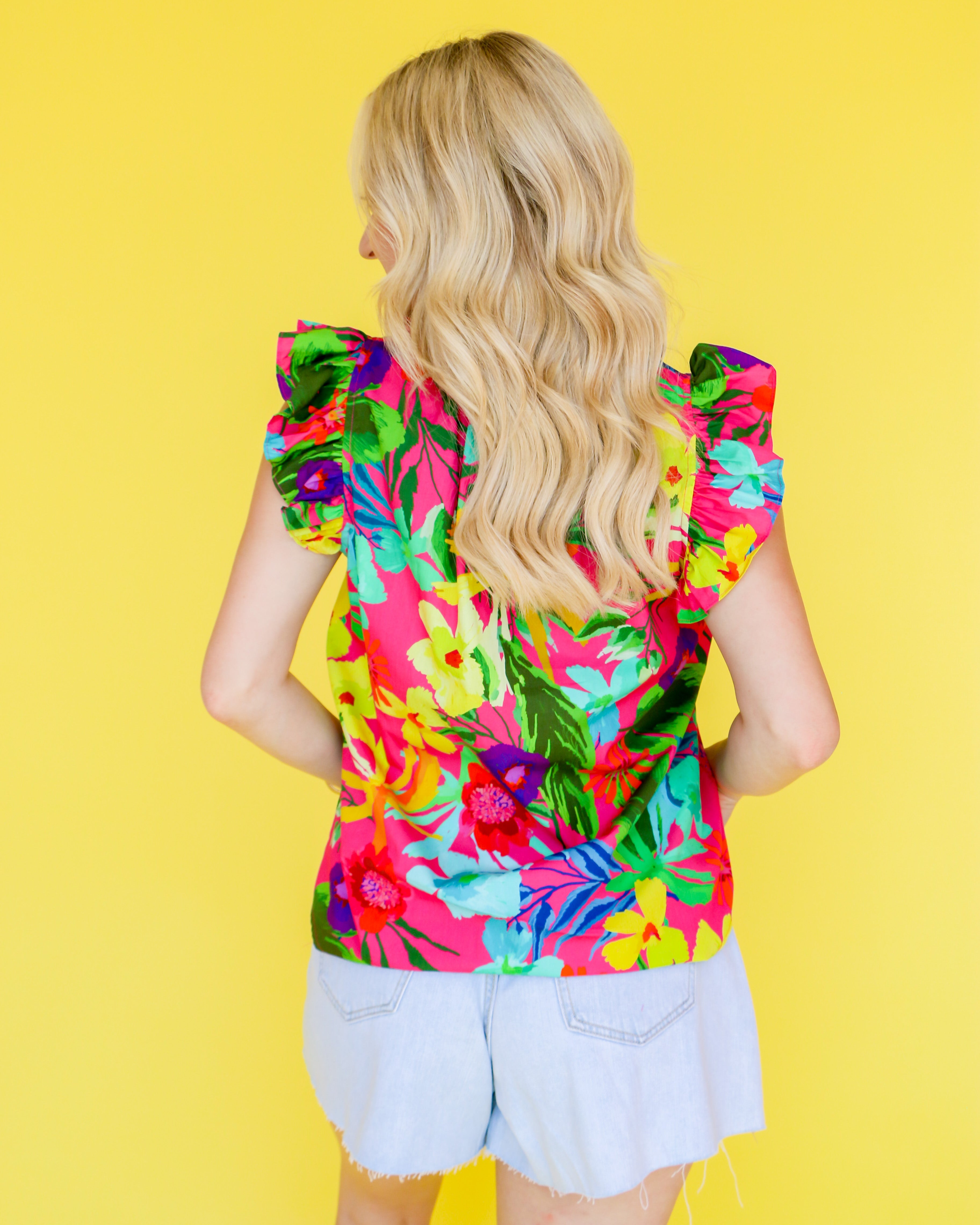 Hot Pink Multi Tropical Print Poplin Top