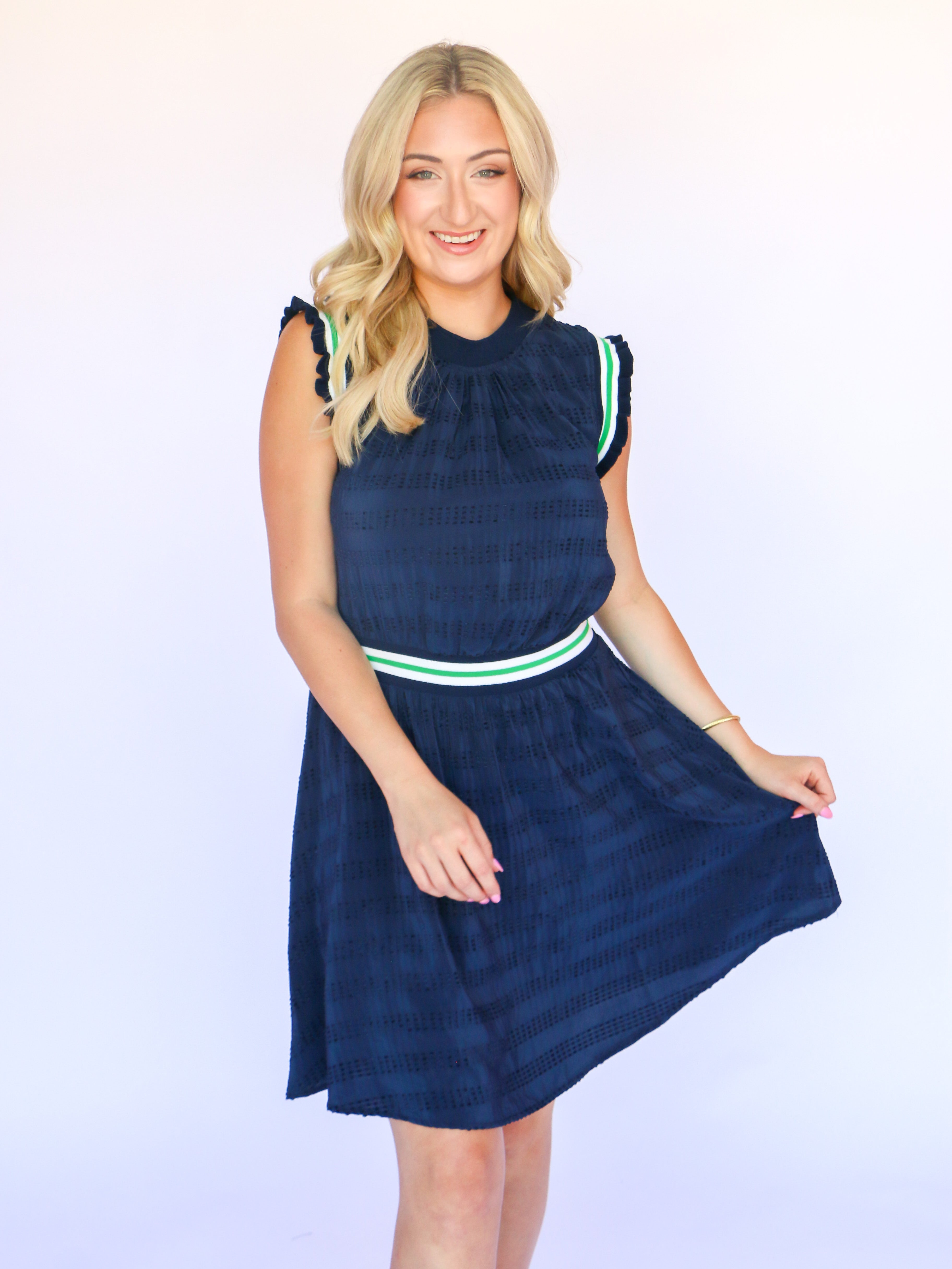 Stripe Elastic Band Detailed Textured Dress in Navy