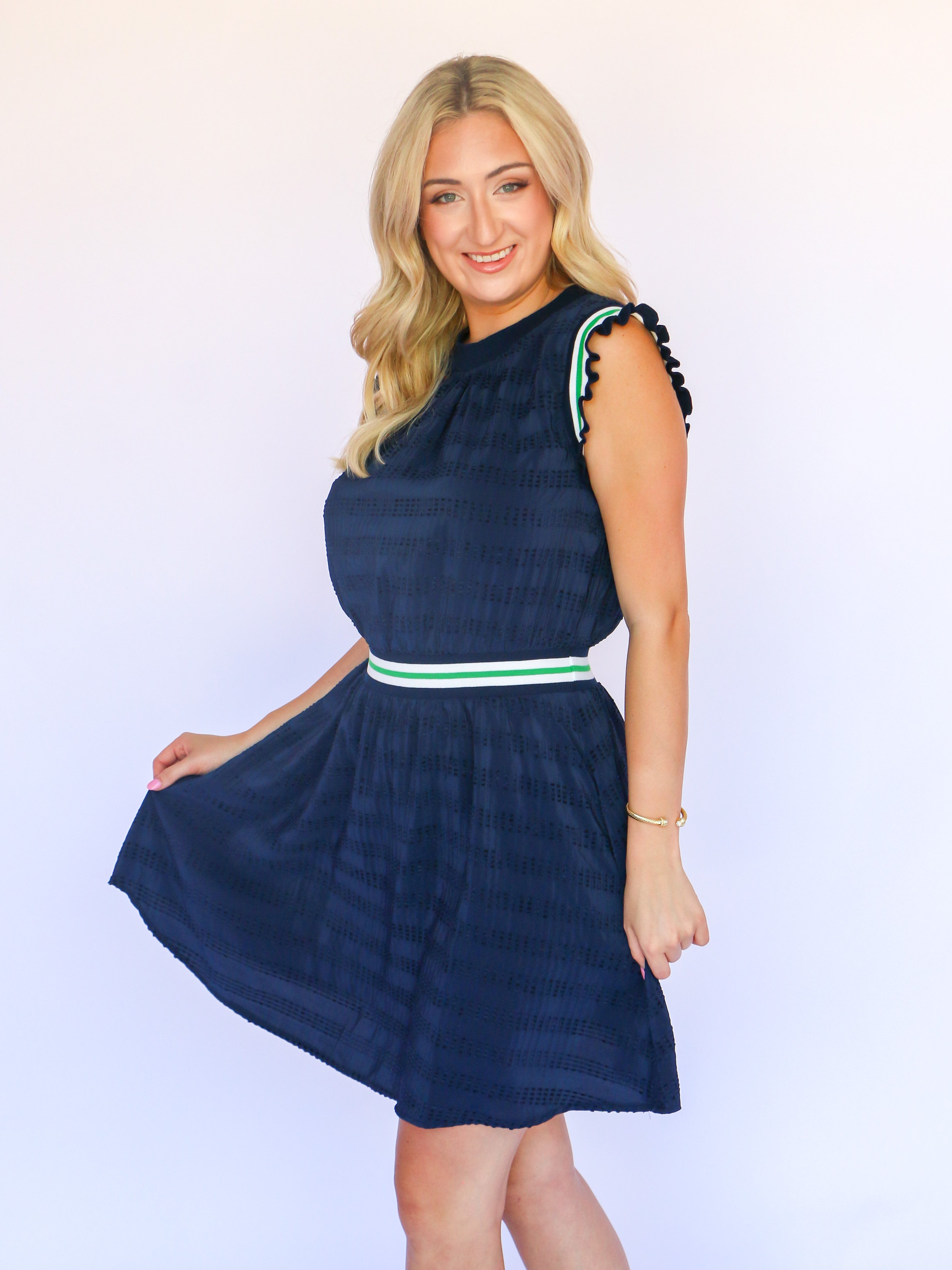 Stripe Elastic Band Detailed Textured Dress in Navy