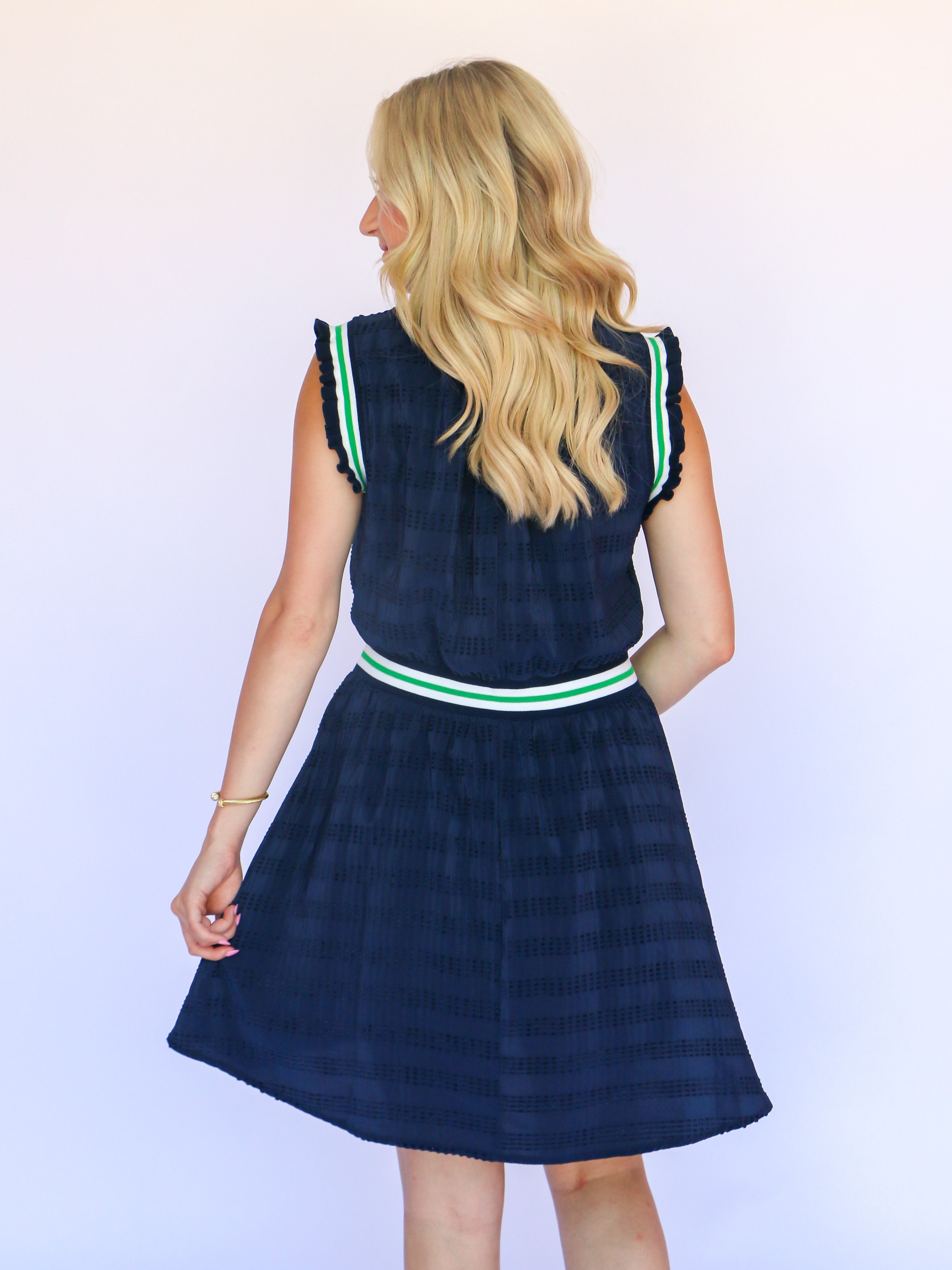 Stripe Elastic Band Detailed Textured Dress in Navy