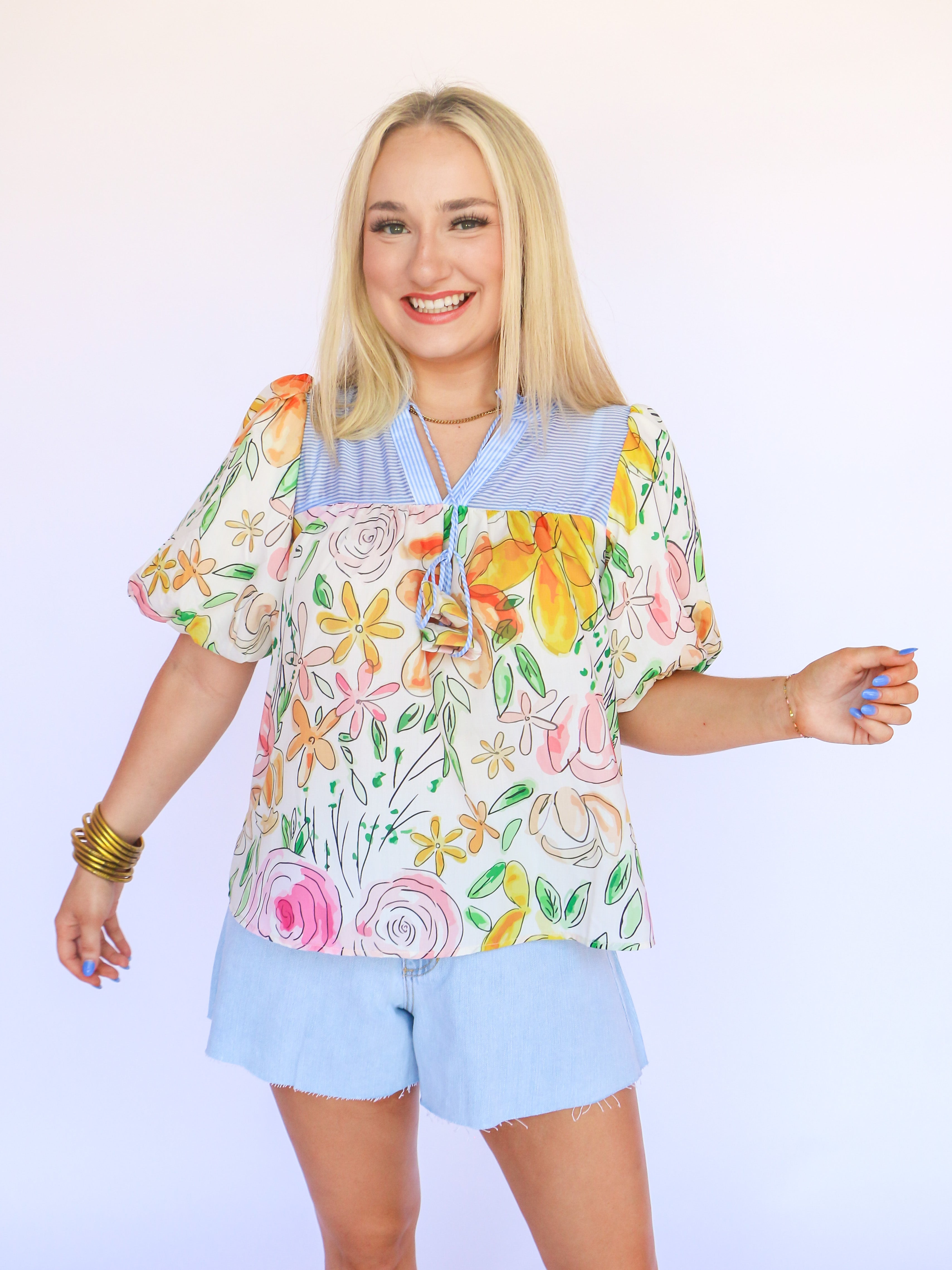 THML Flower Print Puff Sleeve Top