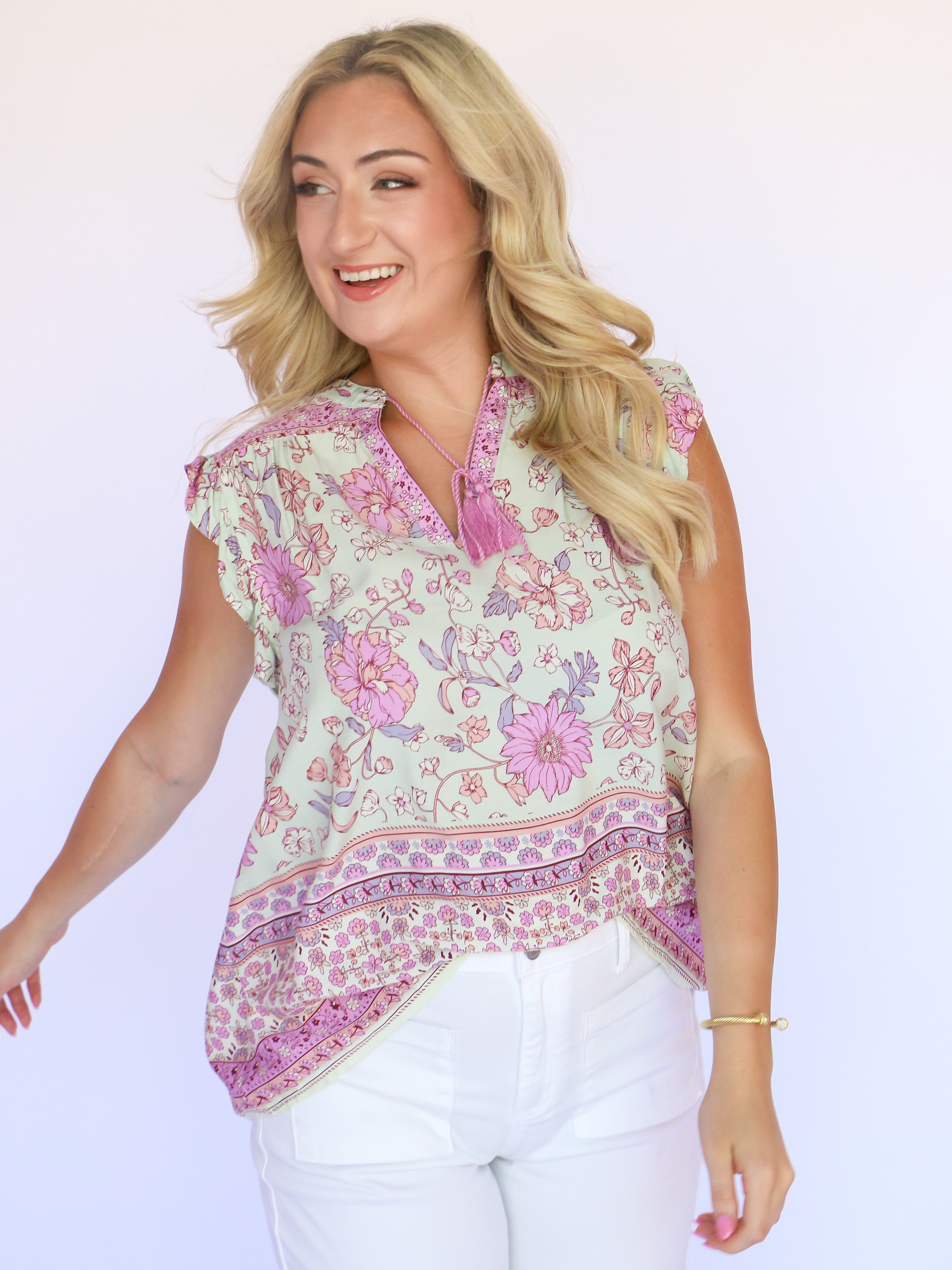 Boxy Cut Border Print Split Neck Top with Front Tassel in Pink