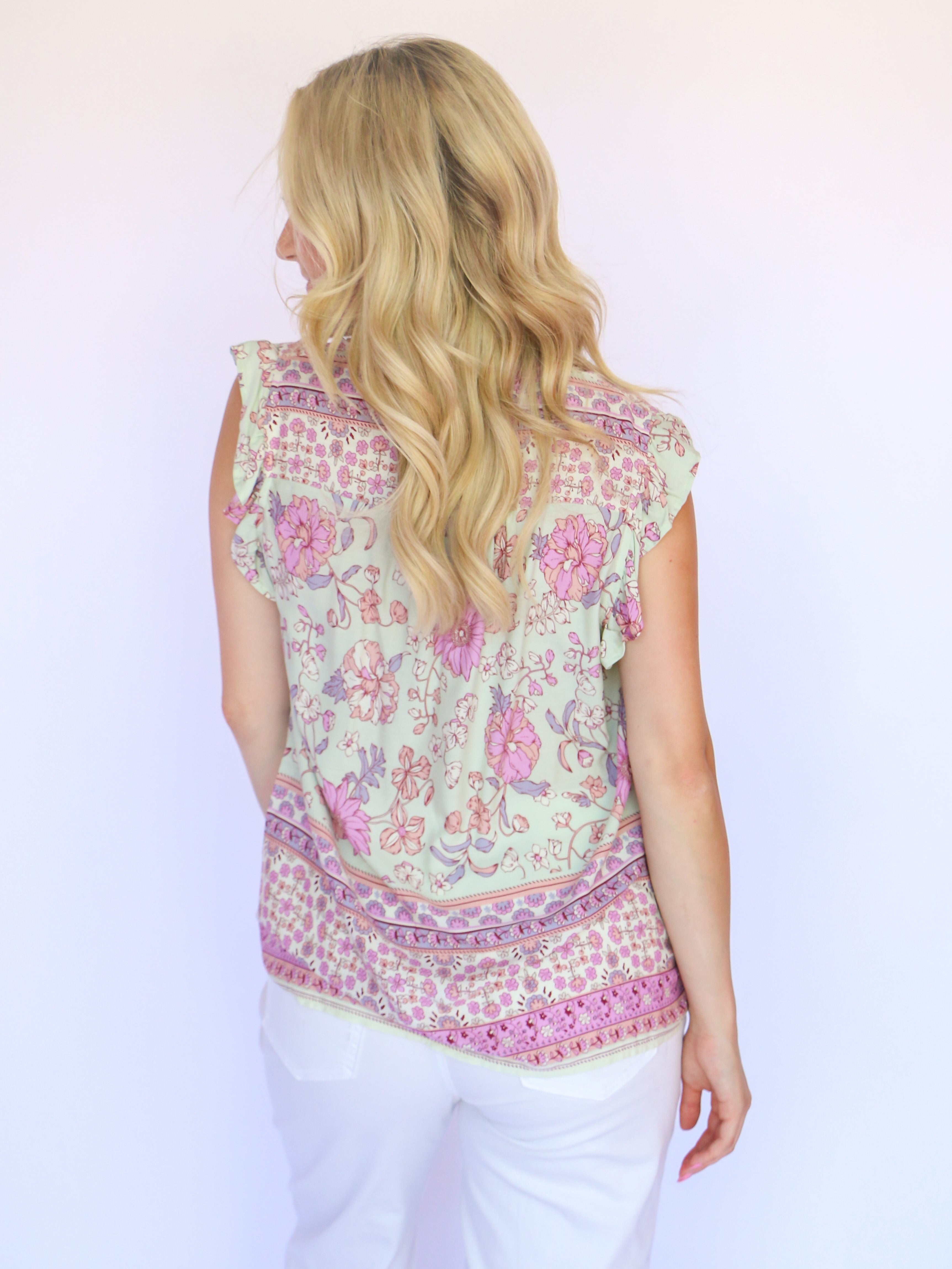 Boxy Cut Border Print Split Neck Top with Front Tassel in Pink