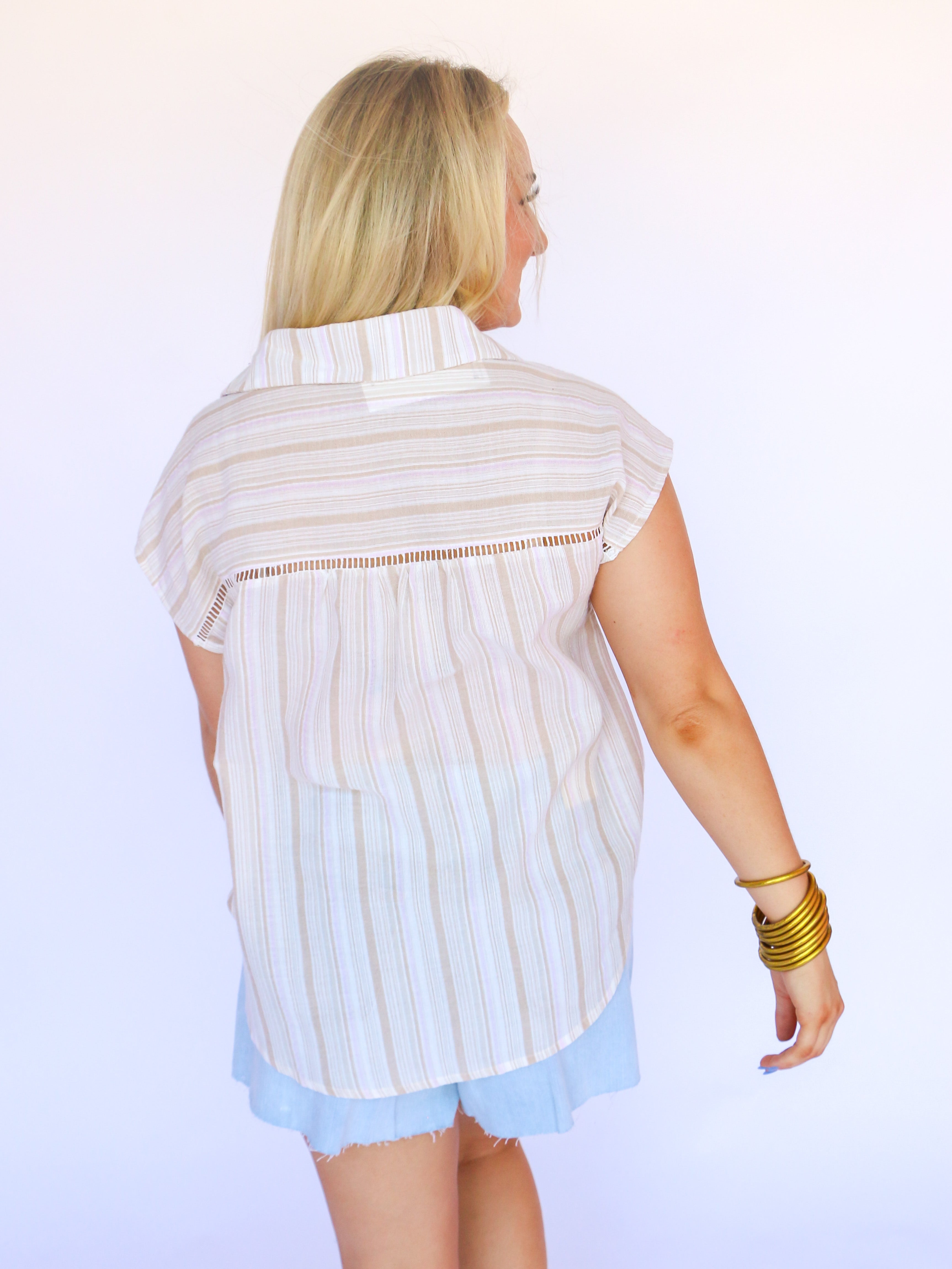 Cap Sleeve Stripe Woven Top in Natural