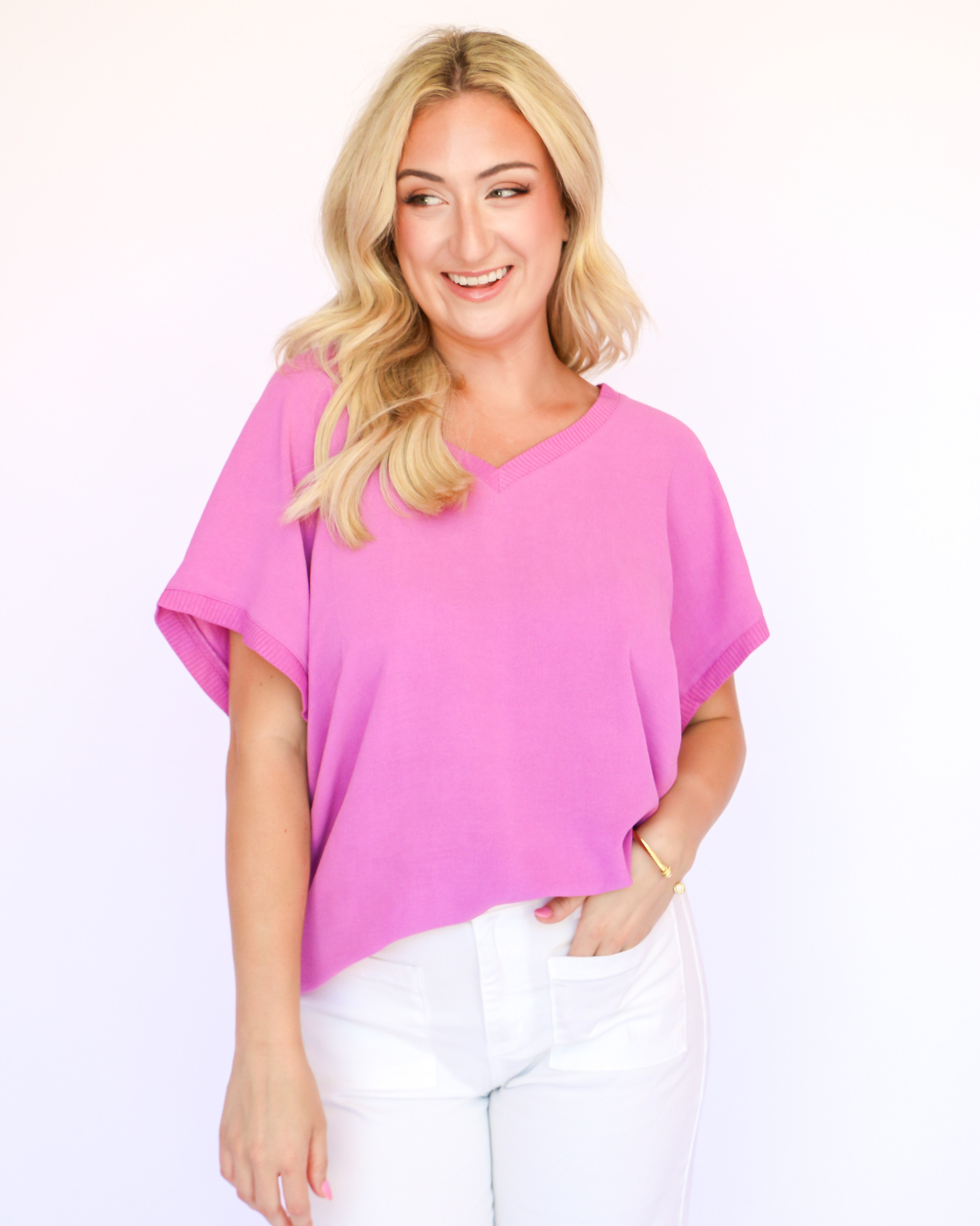 V-Neck Rib Trim Tee in Lavender | Ivy Jane