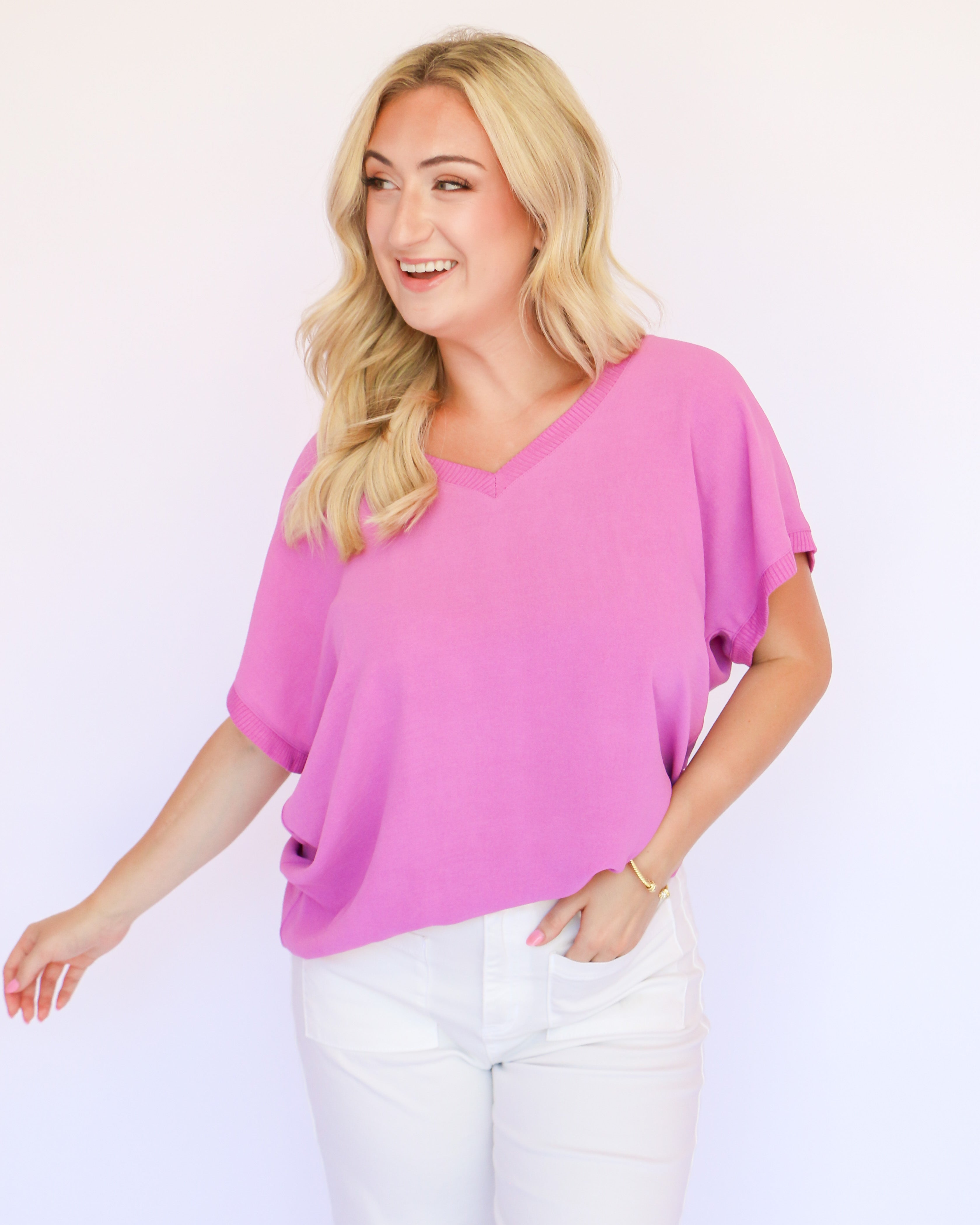 V-Neck Rib Trim Tee in Lavender | Ivy Jane